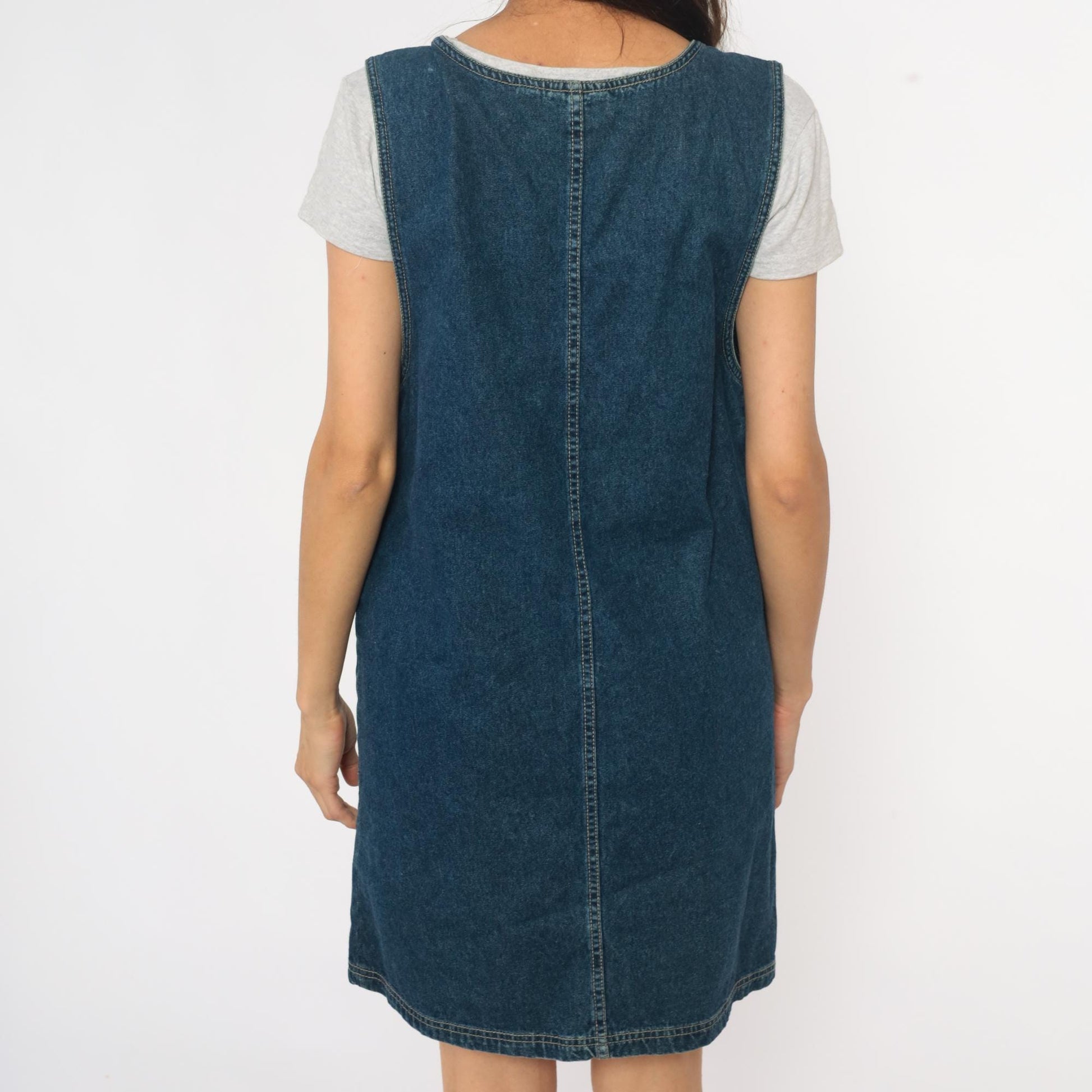 90s Floral Embroidered Denim Jumper Dress Blue Jean Pinafore Medium M