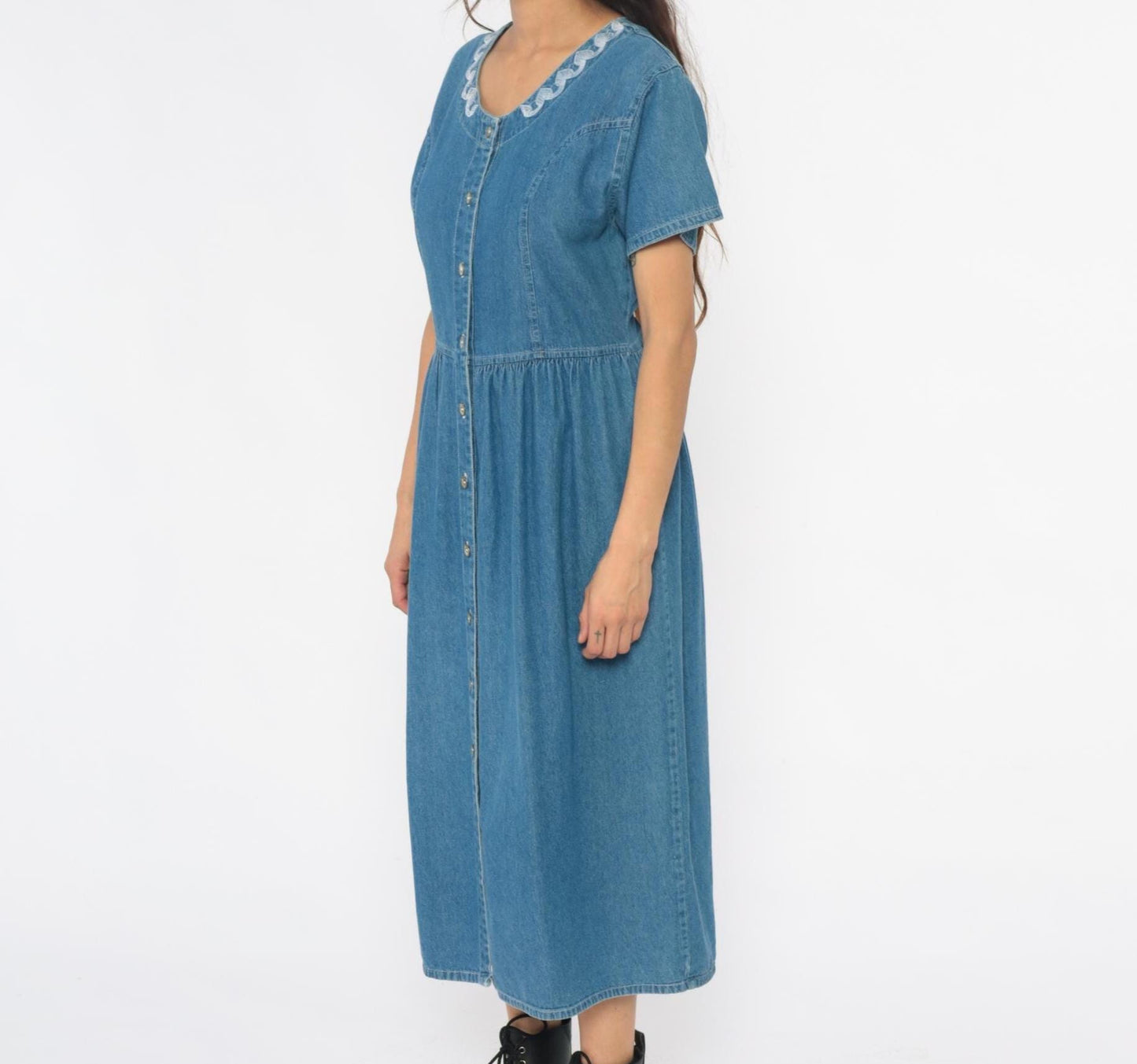 90s G.S. Denims Midi Dress Blue Embroidered Collar Gathered Waist Large L
