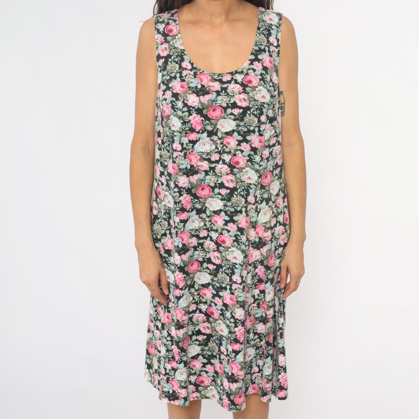 90s Lady Dorby Floral Dress Black Pink Rose Print Sleeveless Cutout Large