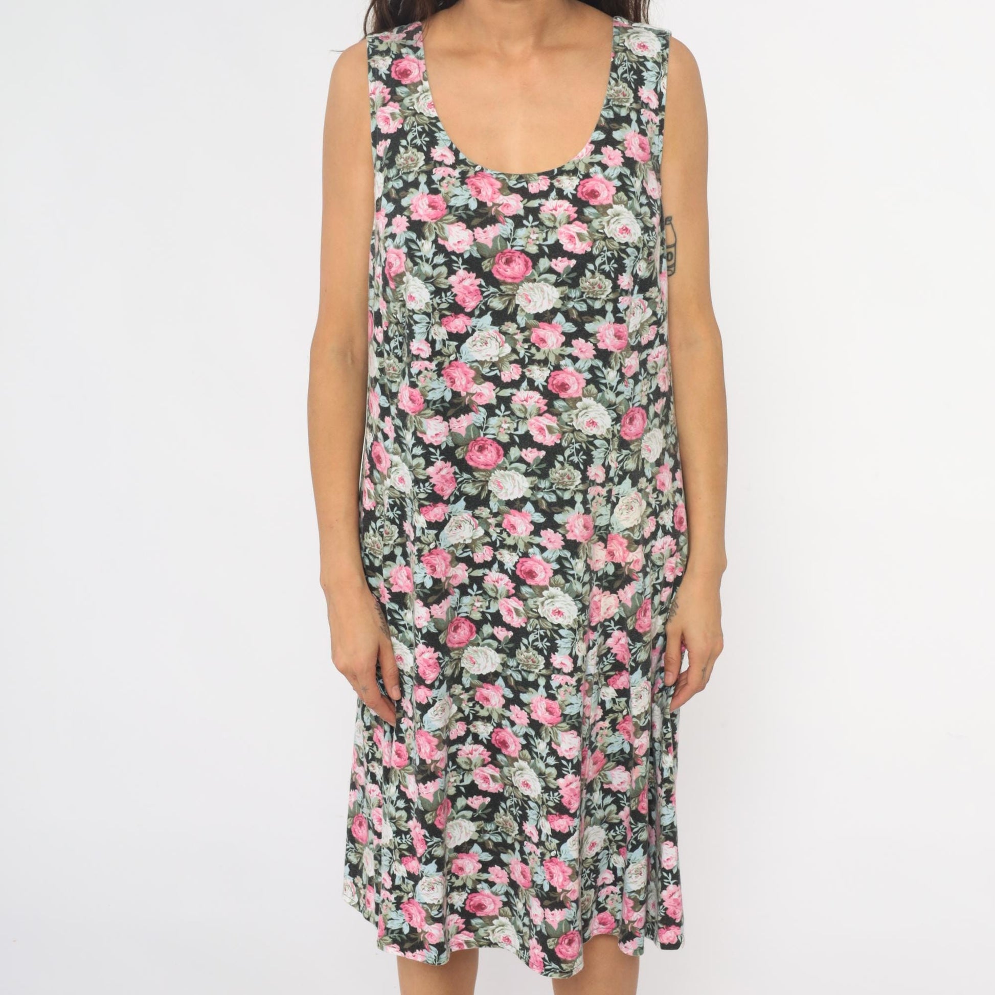 90s Lady Dorby Floral Dress Black Pink Rose Print Sleeveless Cutout Large