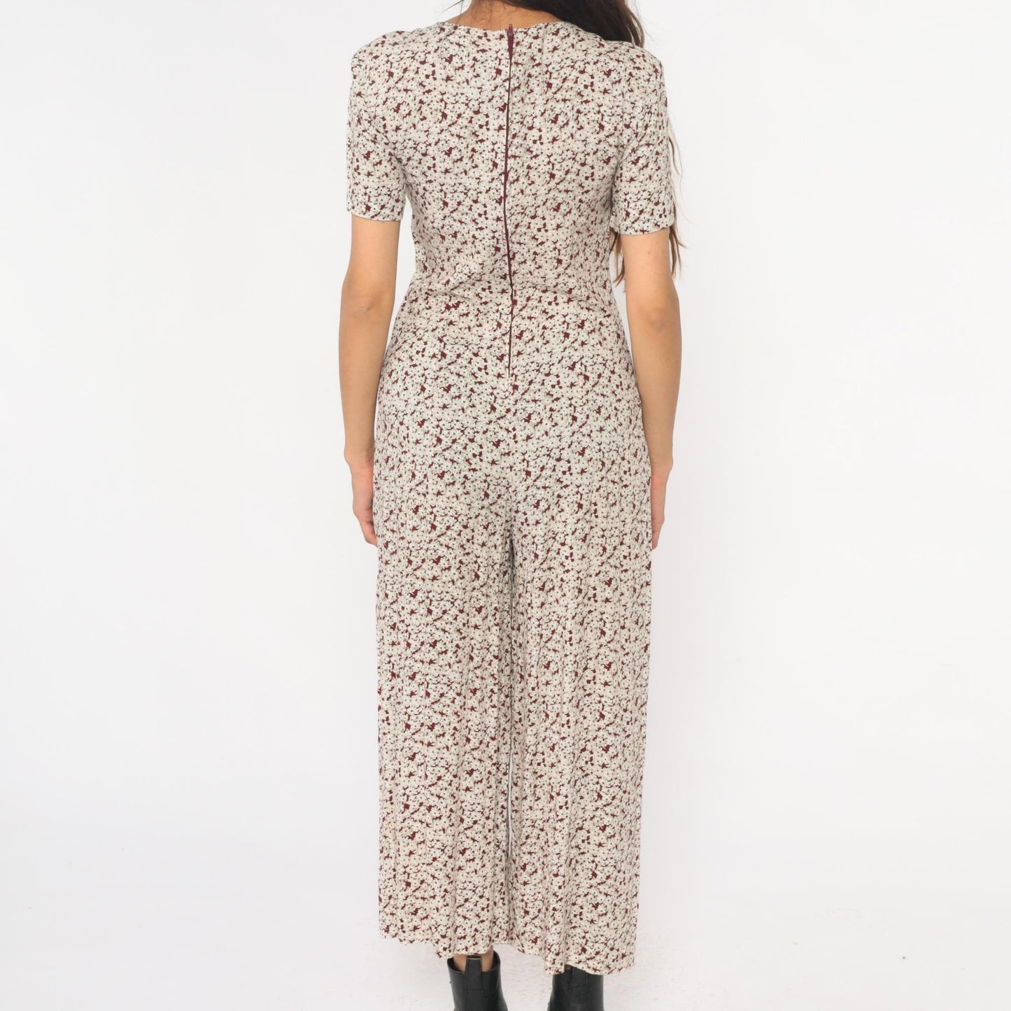90s All That Jazz Floral Jumpsuit Cream Wide Leg Short Sleeve Small