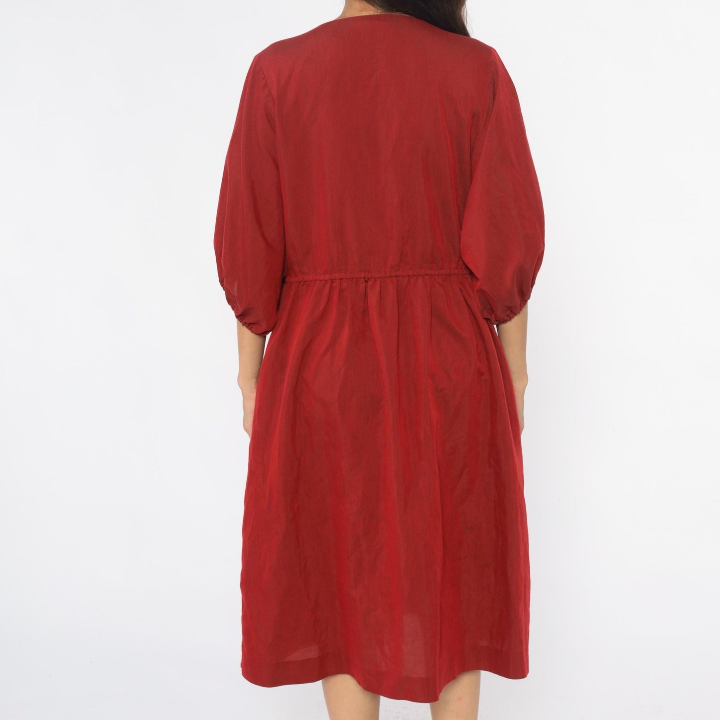80s Burgundy Puff Sleeve Dress A-Line Gathered Waist Button Front Medium M