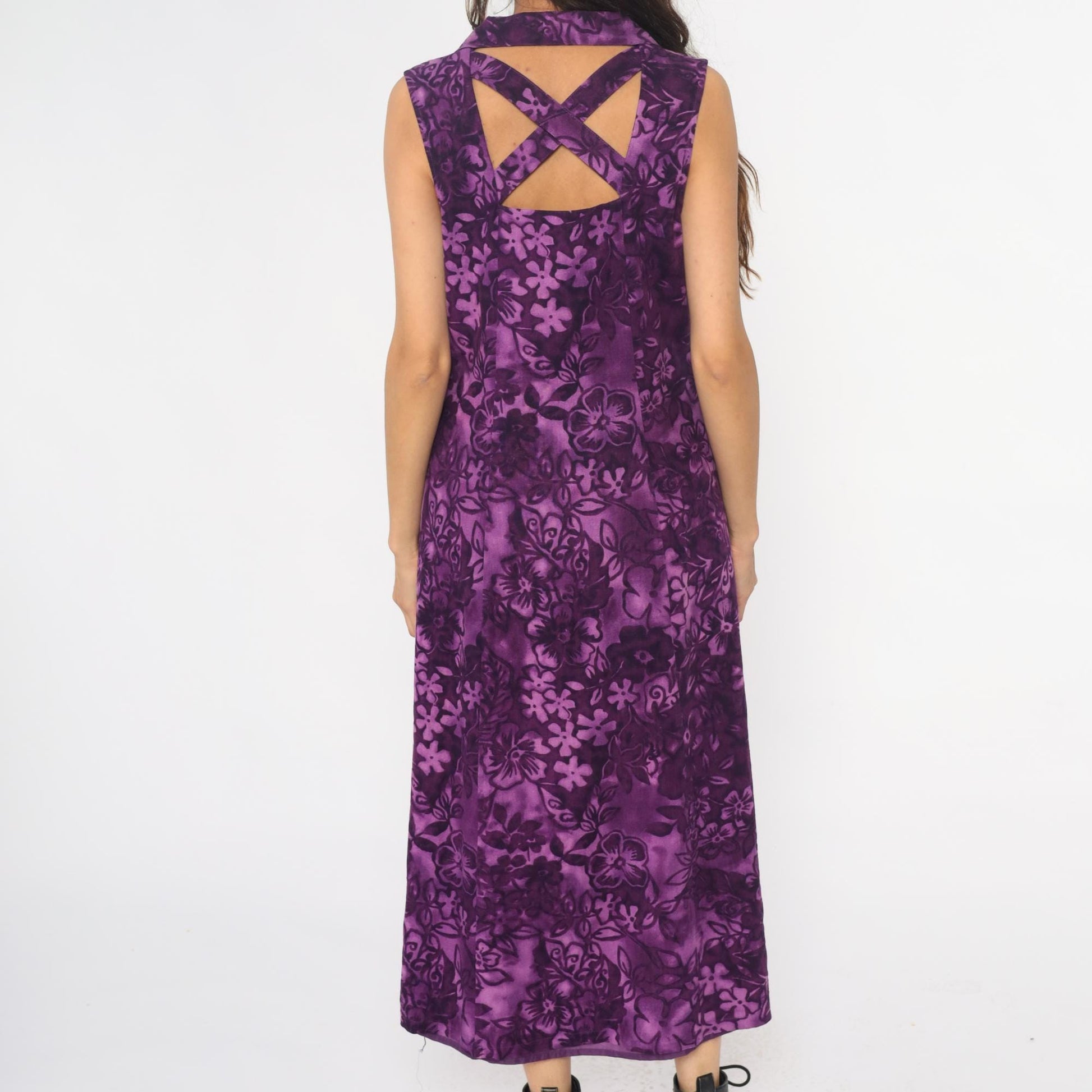 Y2K Coldwater Creek Purple Floral Linen Maxi Dress Button Front Large L