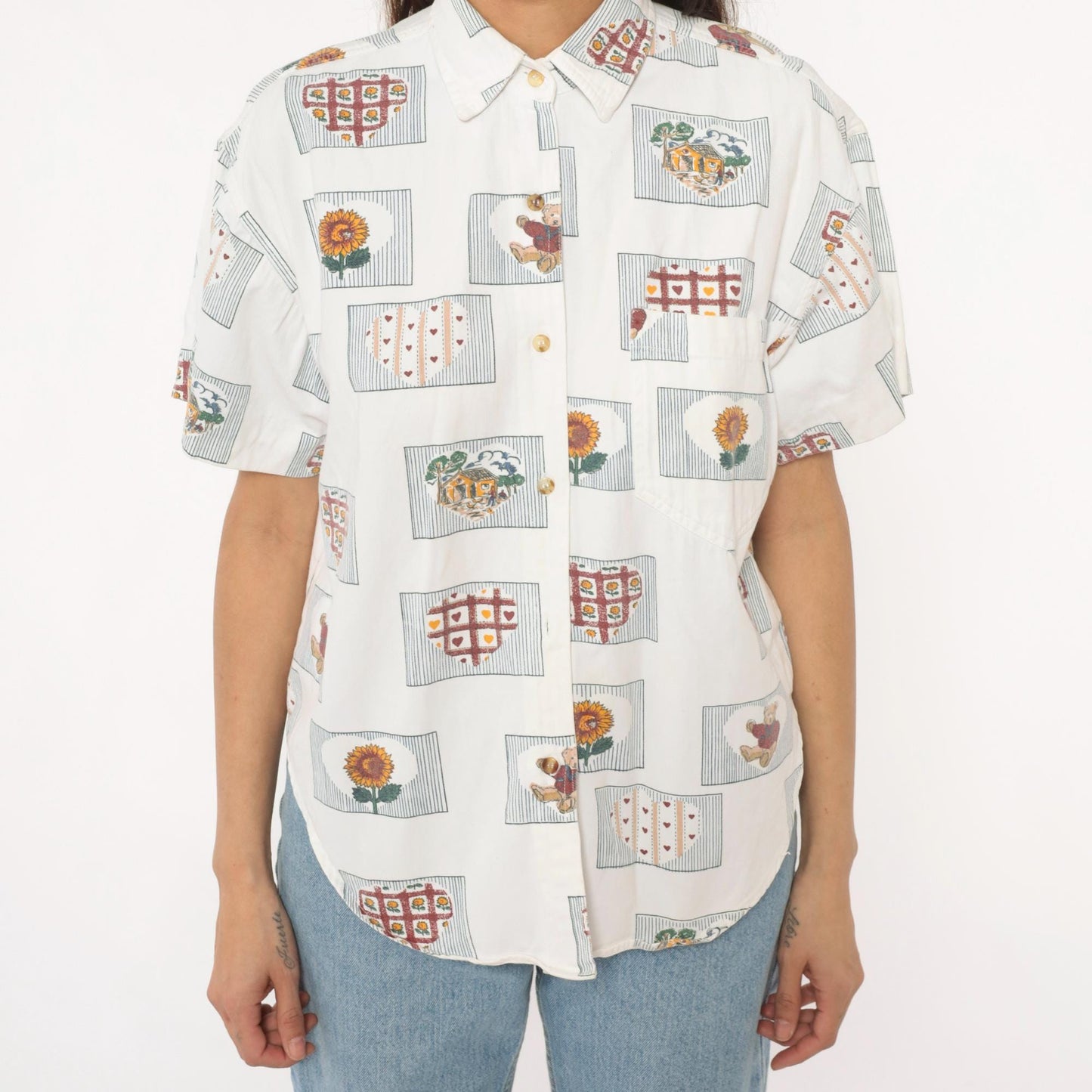 90s Cream Cotton Button-Up Shirt Sunflower Teddy Bear Heart Print Large L