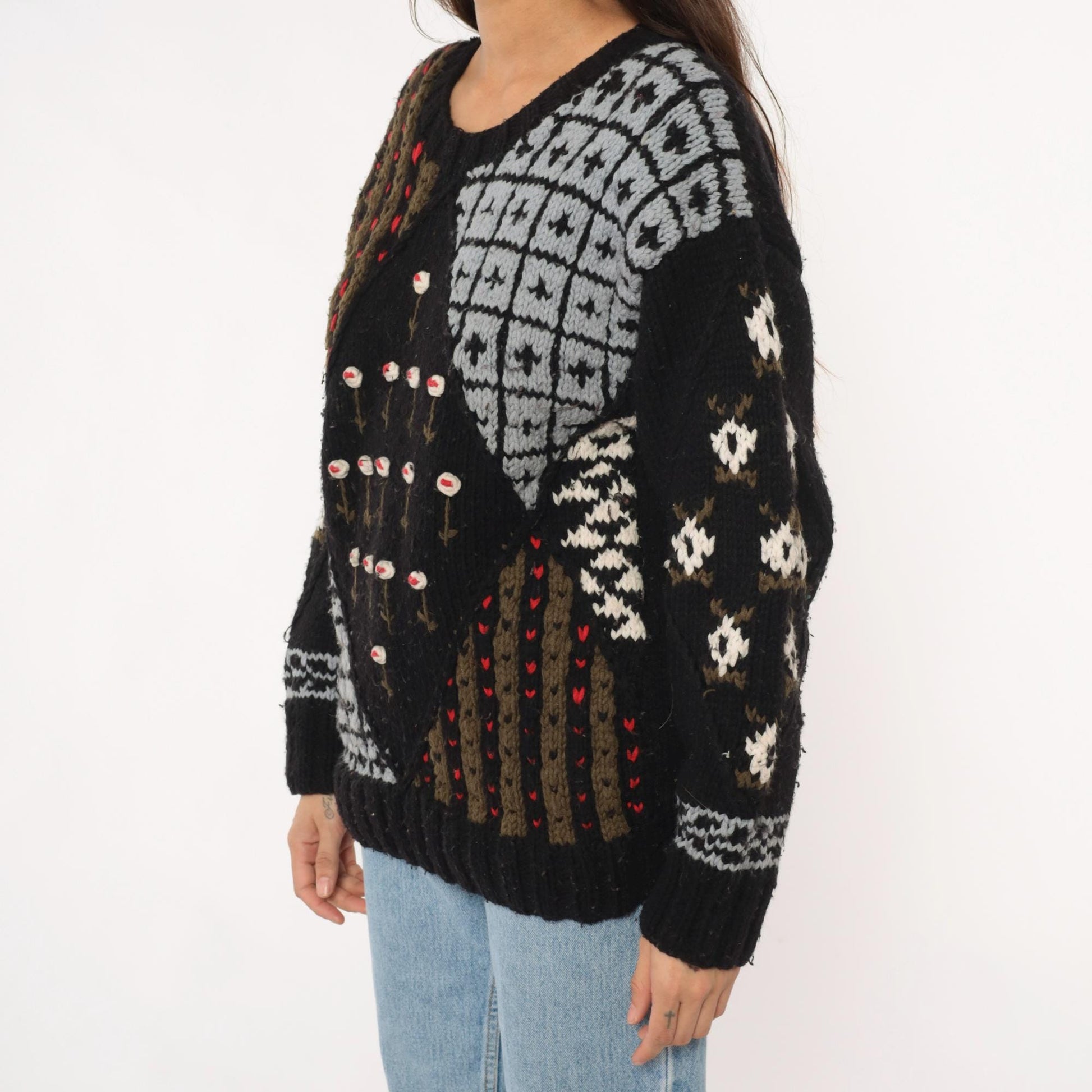 80s Midnight Blues Patchwork Knit Sweater Black Geometric Floral Small