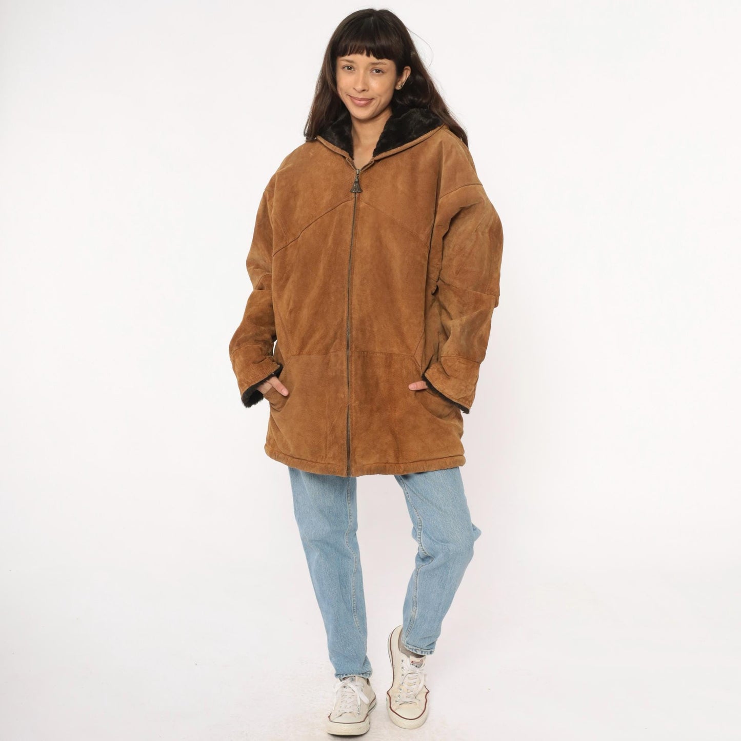 90s Tan Leather Hooded Jacket Faux Fur Lining Black Trim Large L