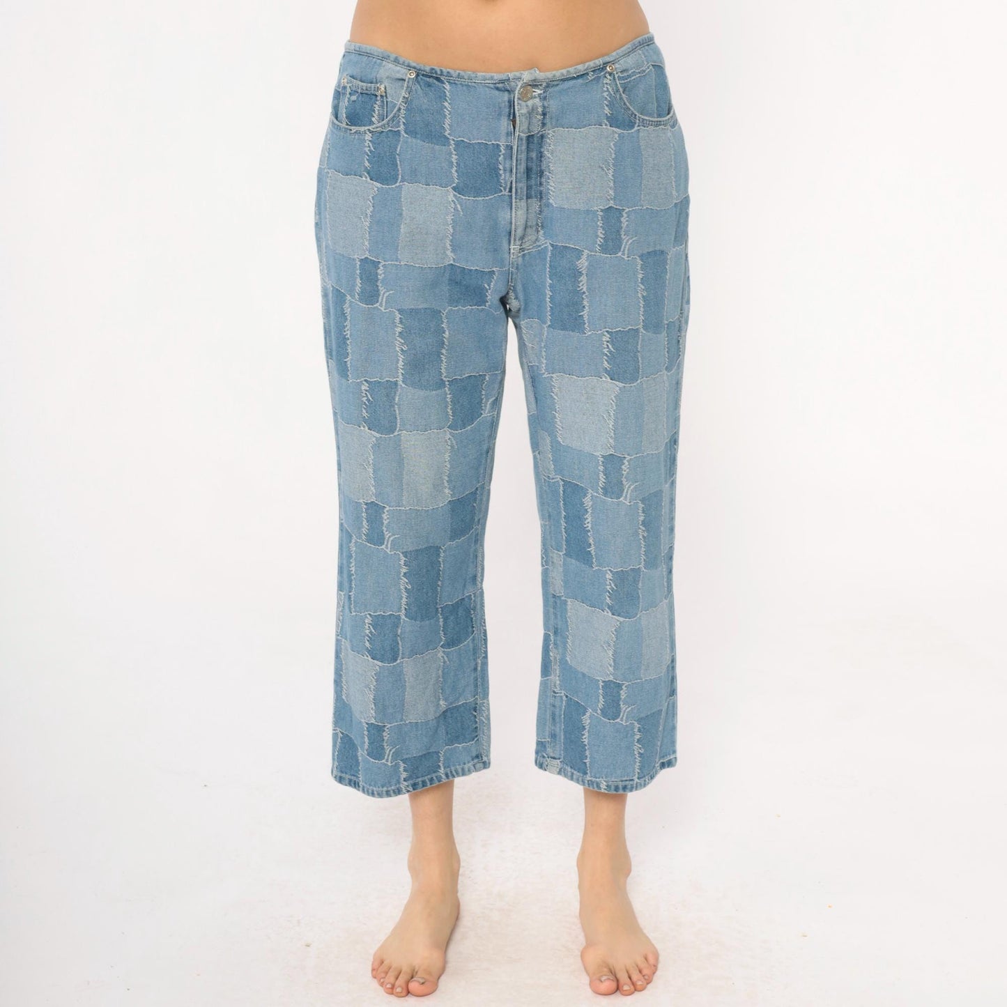 Y2K Carolina Blues Patchwork Denim Jeans Cropped Light Blue Medium M