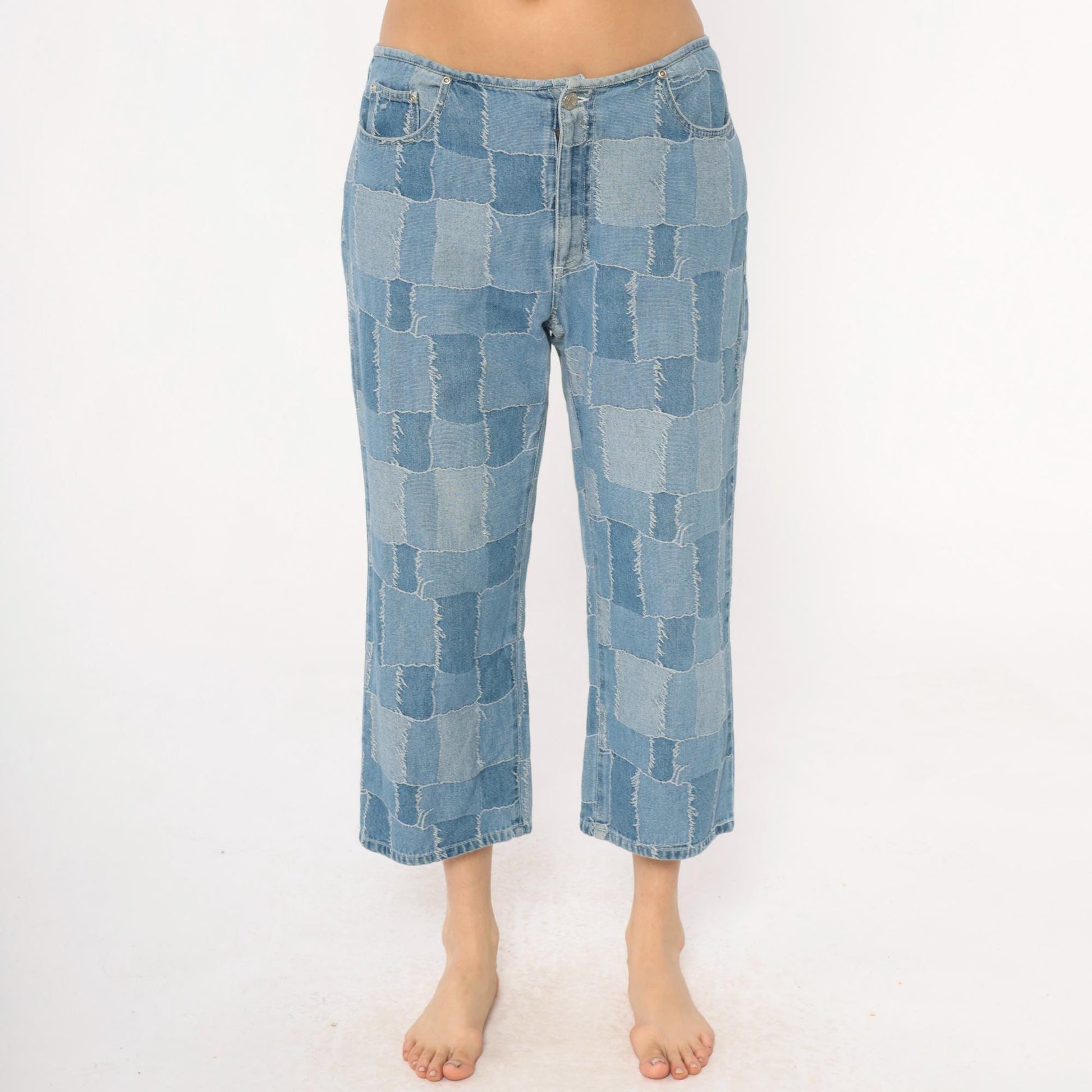 Y2K Carolina Blues Patchwork Denim Jeans Cropped Light Blue Medium M