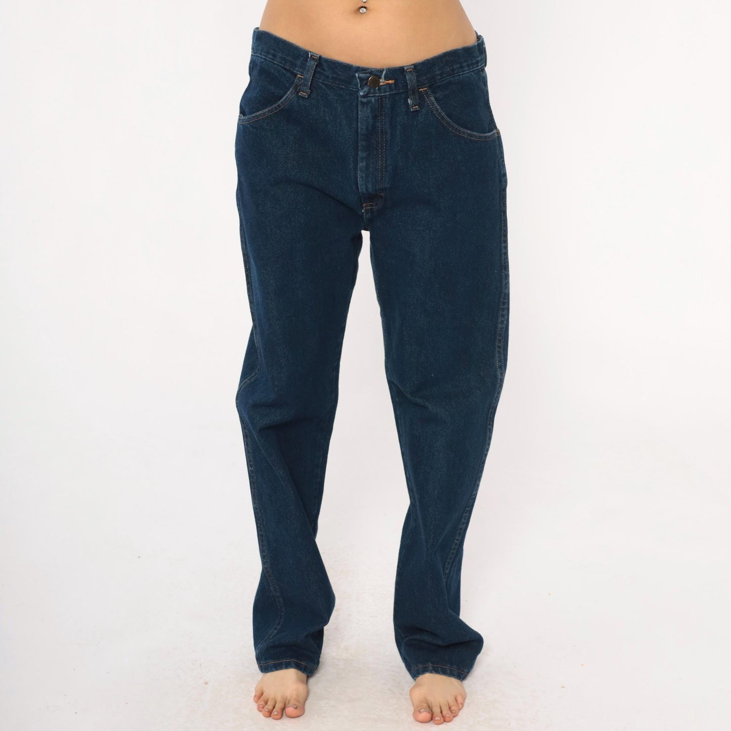 90s Rustler Dark Denim High Rise Straight Leg Jeans Navy Blue 34W