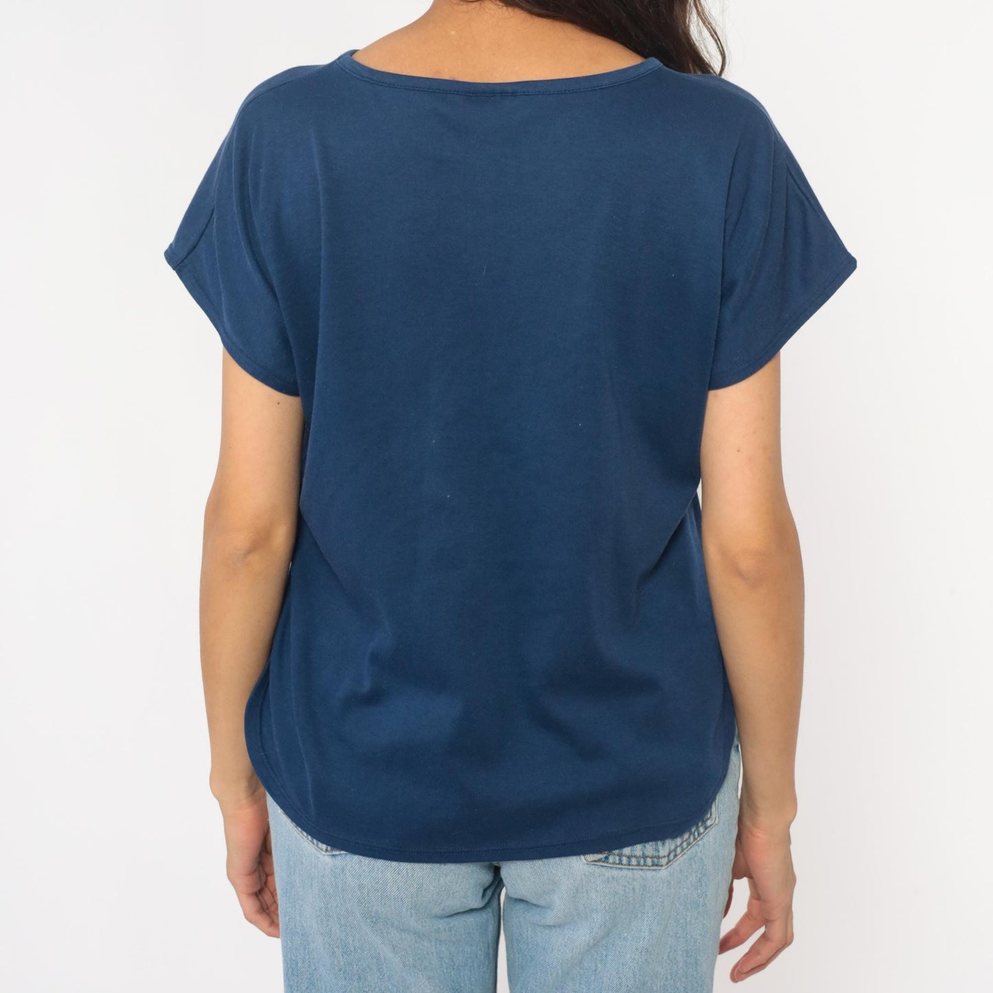 80s Navy Boat Neck T-Shirt Cotton Blend Short Sleeve Medium M