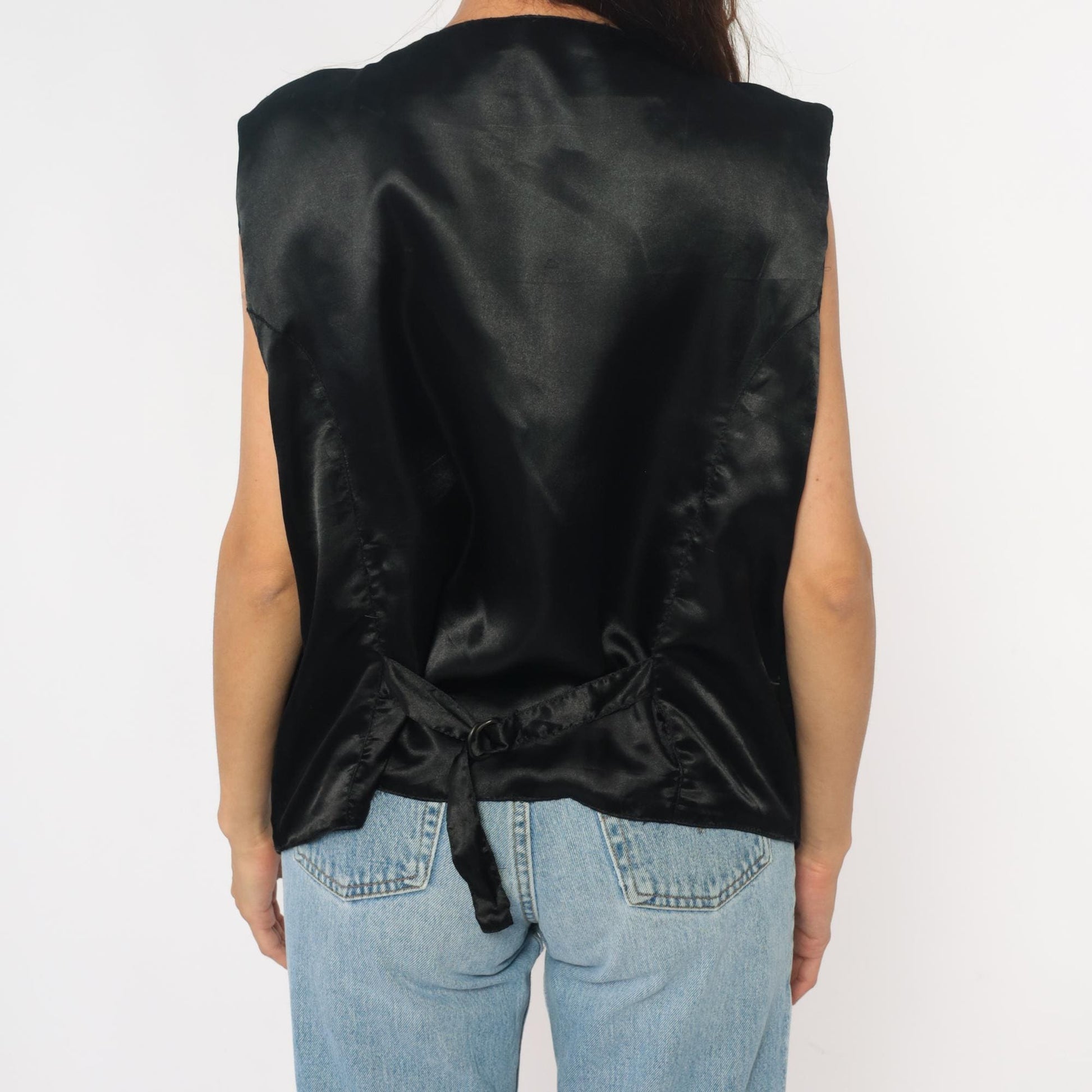 90s Black Suede Leather Vest Tie Back V-Neck Waistcoat Men's Extra Large XL
