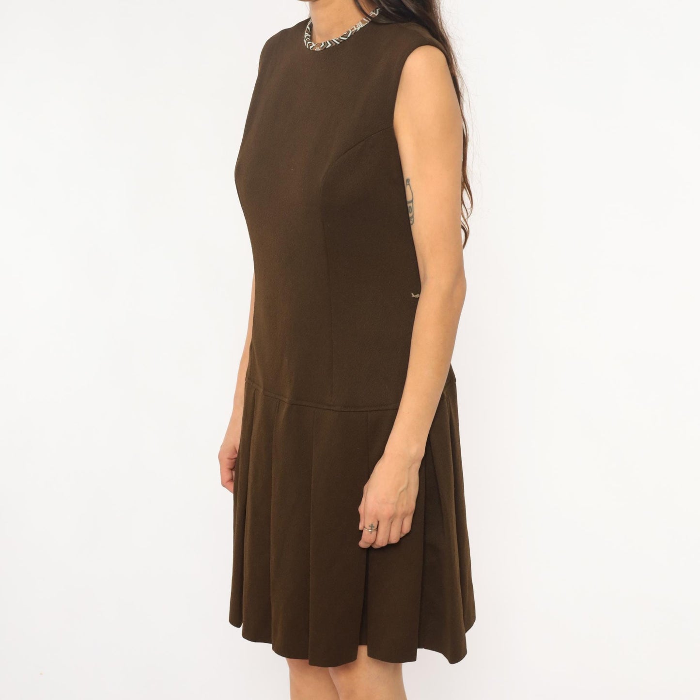 70s Brown Shift Dress Drop Waist Pleated Skirt Geometric Trim Medium M