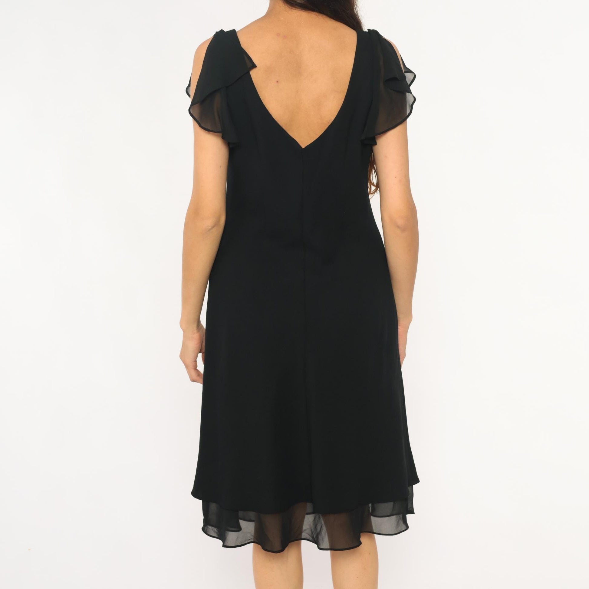 90s Sheri Martin Black Mini Dress Rhinestone V-Neck Cap Sleeve Medium