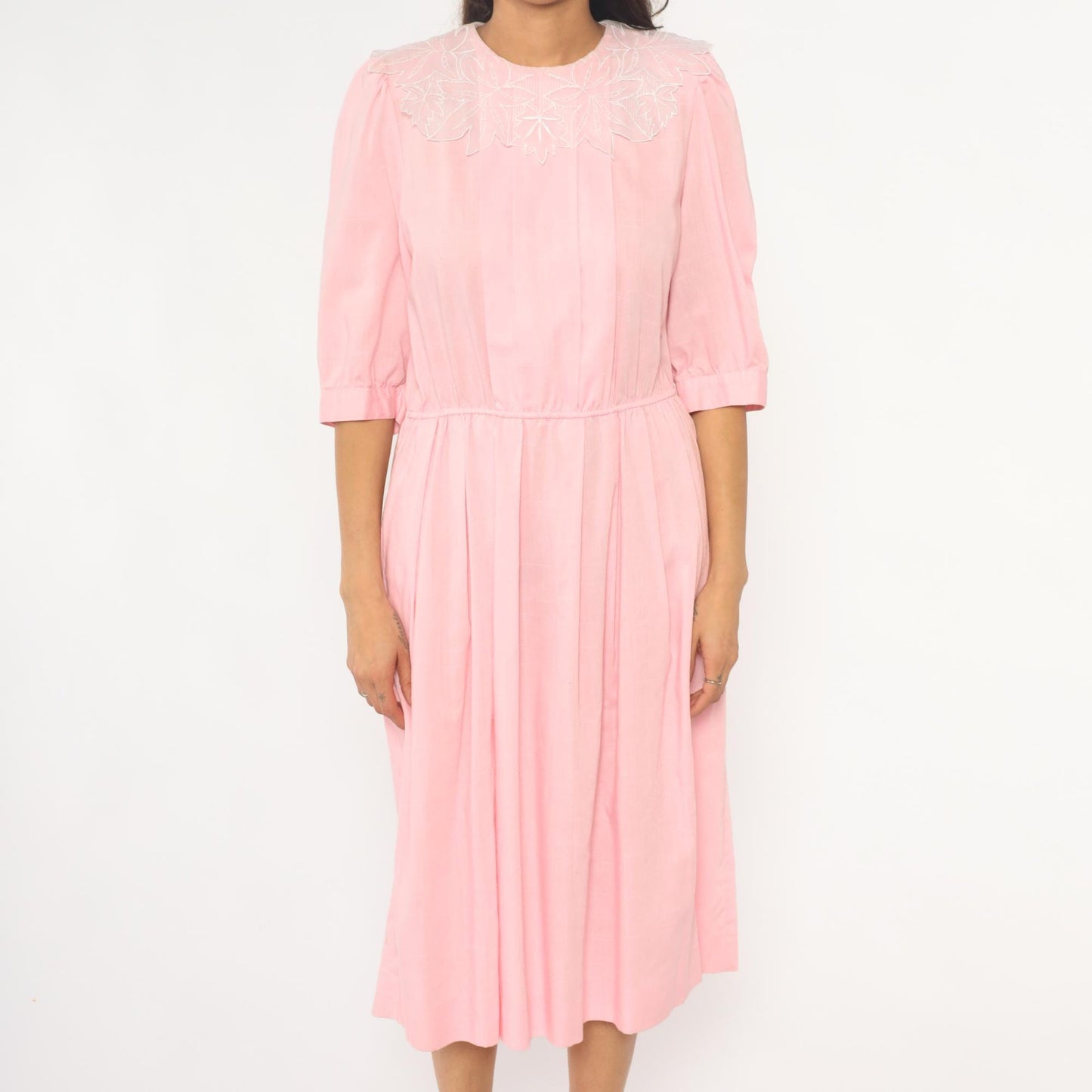 90s Blush Pink Midi Dress Embroidered Floral Collar Puff Sleeve Medium