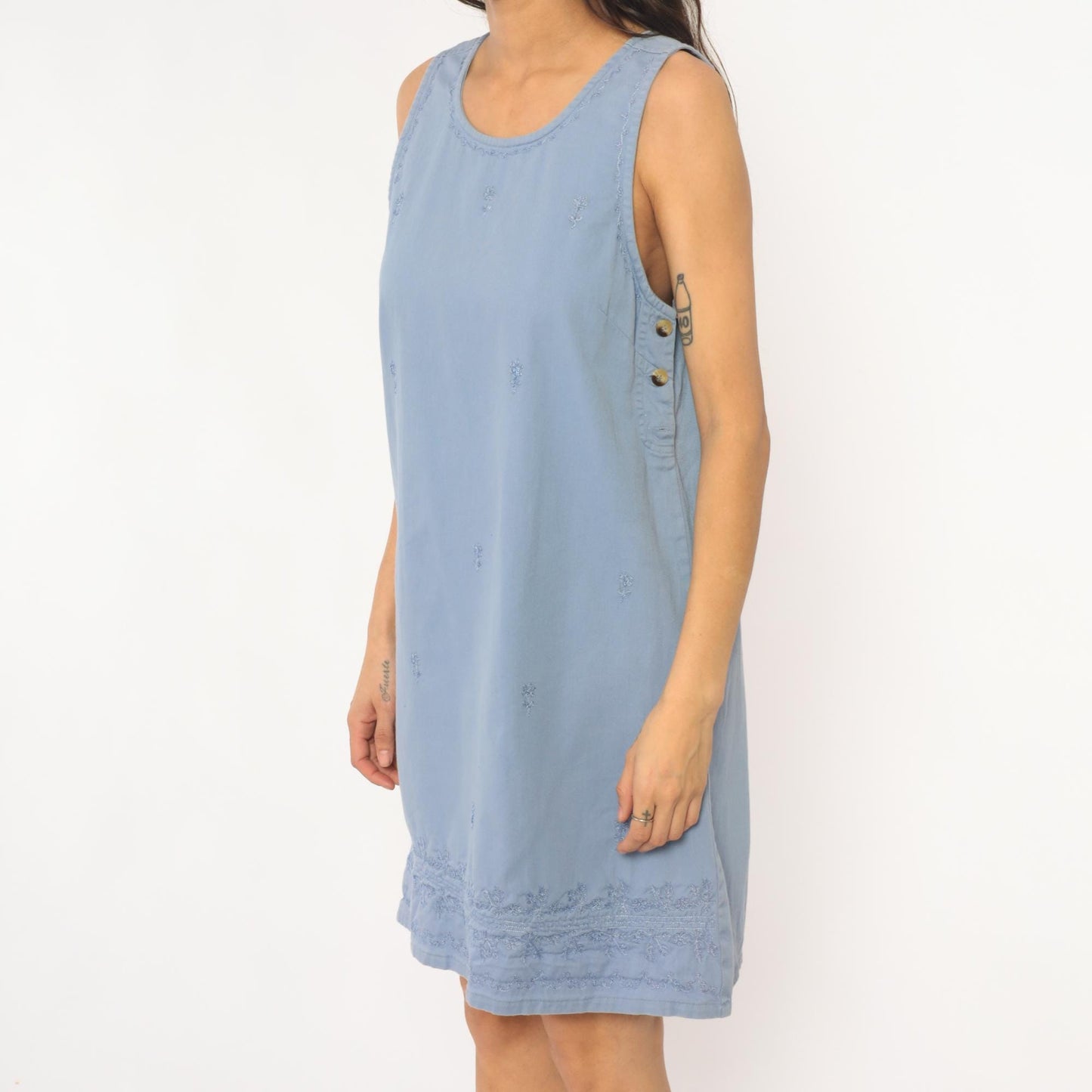 90s Basic Editions Powder Blue Cotton Shift Dress Floral Embroidered Small S