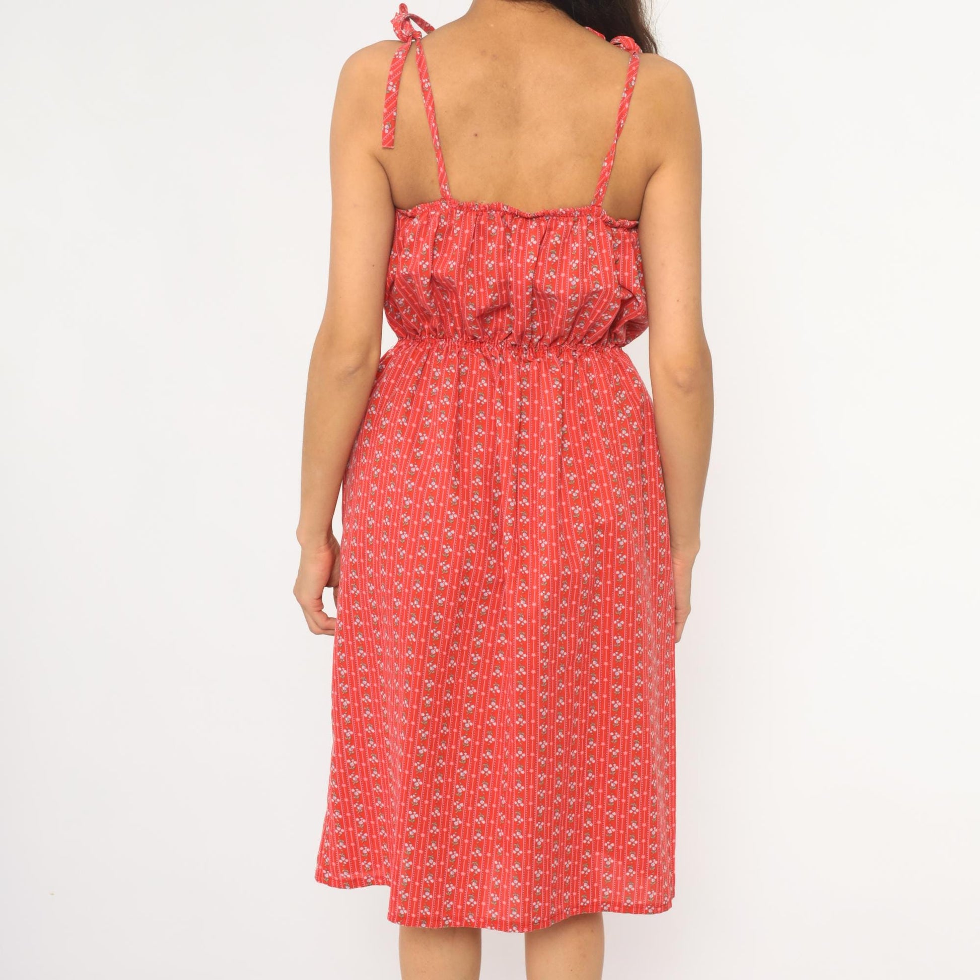 70s Red Calico Floral Sundress White Lace Trim Tie Straps Small