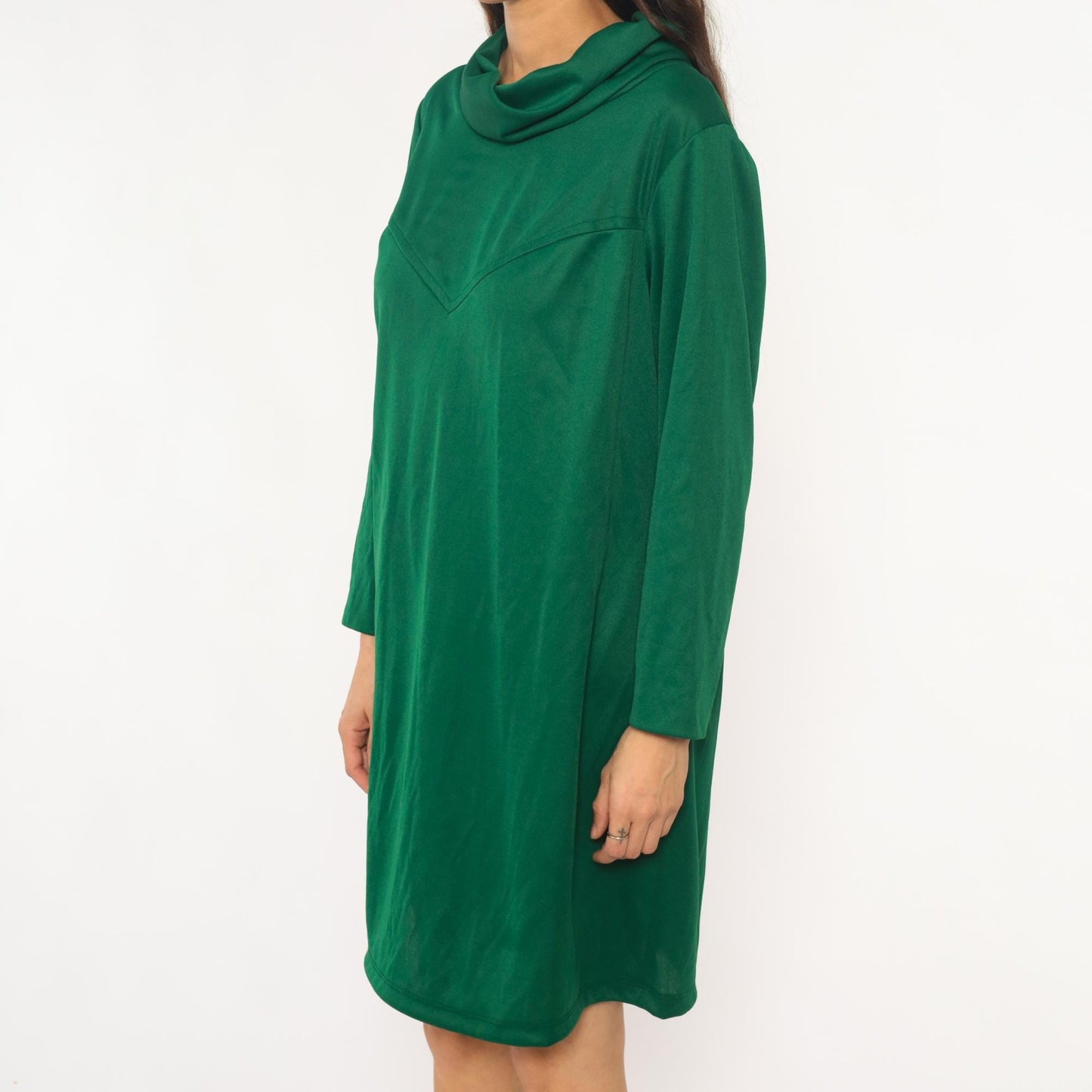 70s Sears Green Velvet Cowl Neck Dress Chevron Knee-Length Extra Large