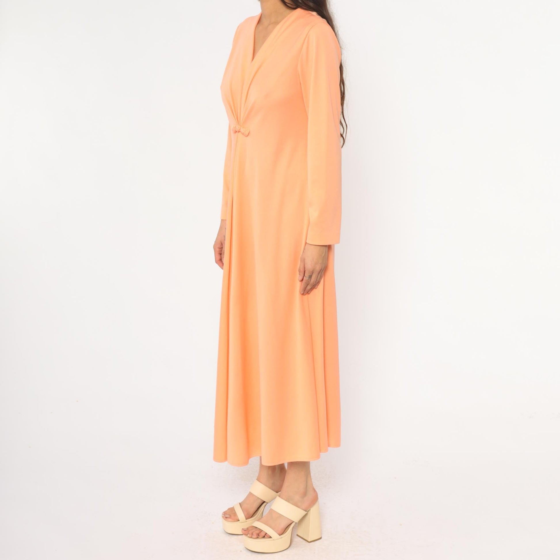 70s Lily Lynn Peach Maxi Dress Long Sleeve V-Neck Wrap Bodice Medium