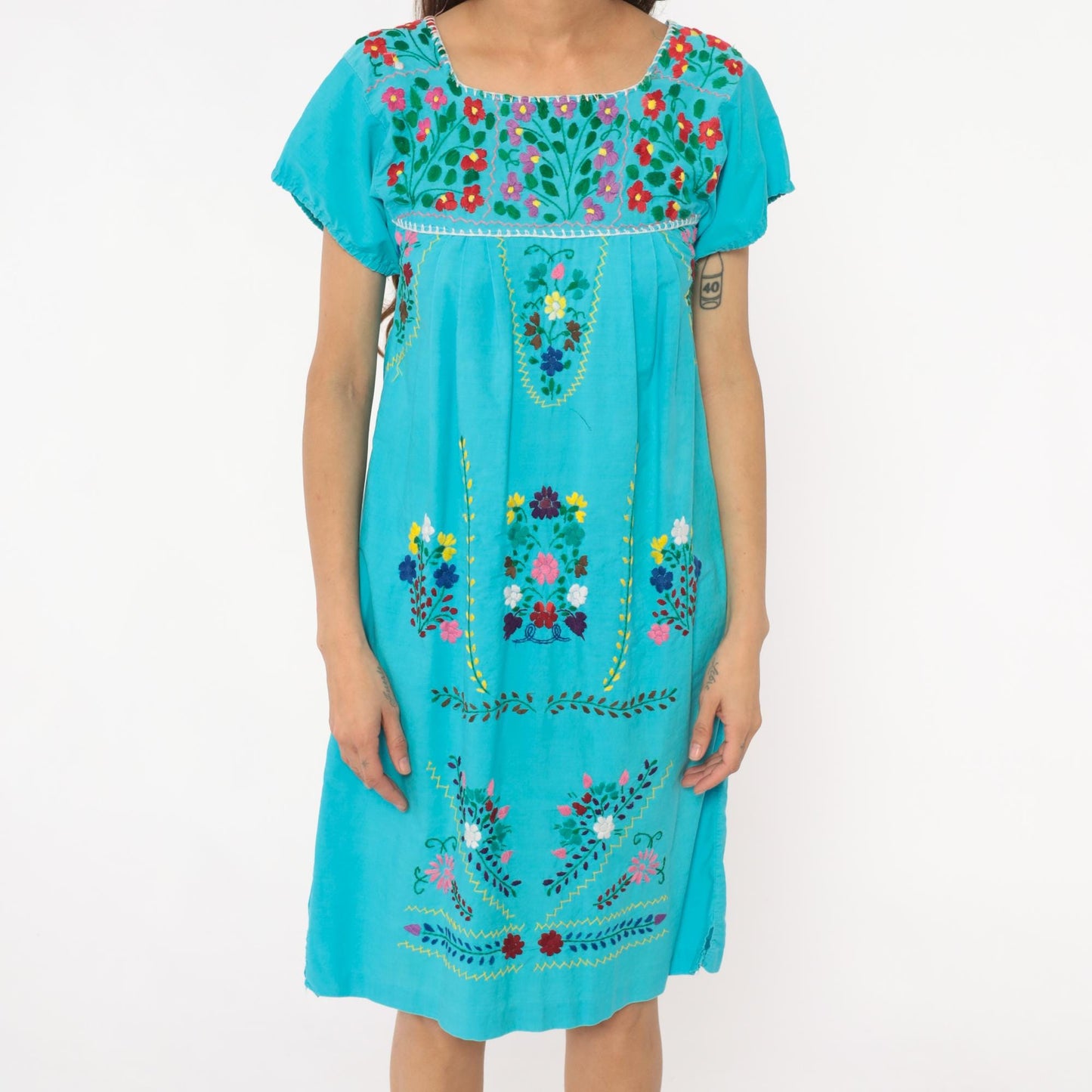 80s Mexican Embroidered Turquoise Cotton Dress Floral Empire Waist Extra Small XS