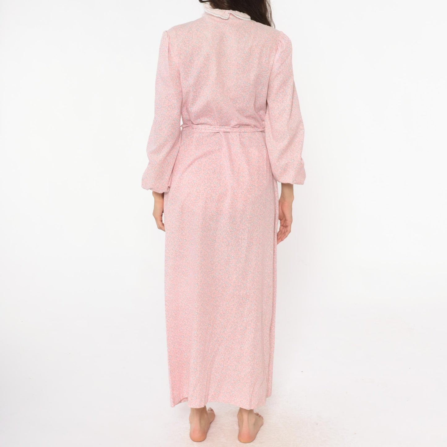 70s Pink Floral Wrap Robe Lace Trim Long Sleeve Nightgown Medium M