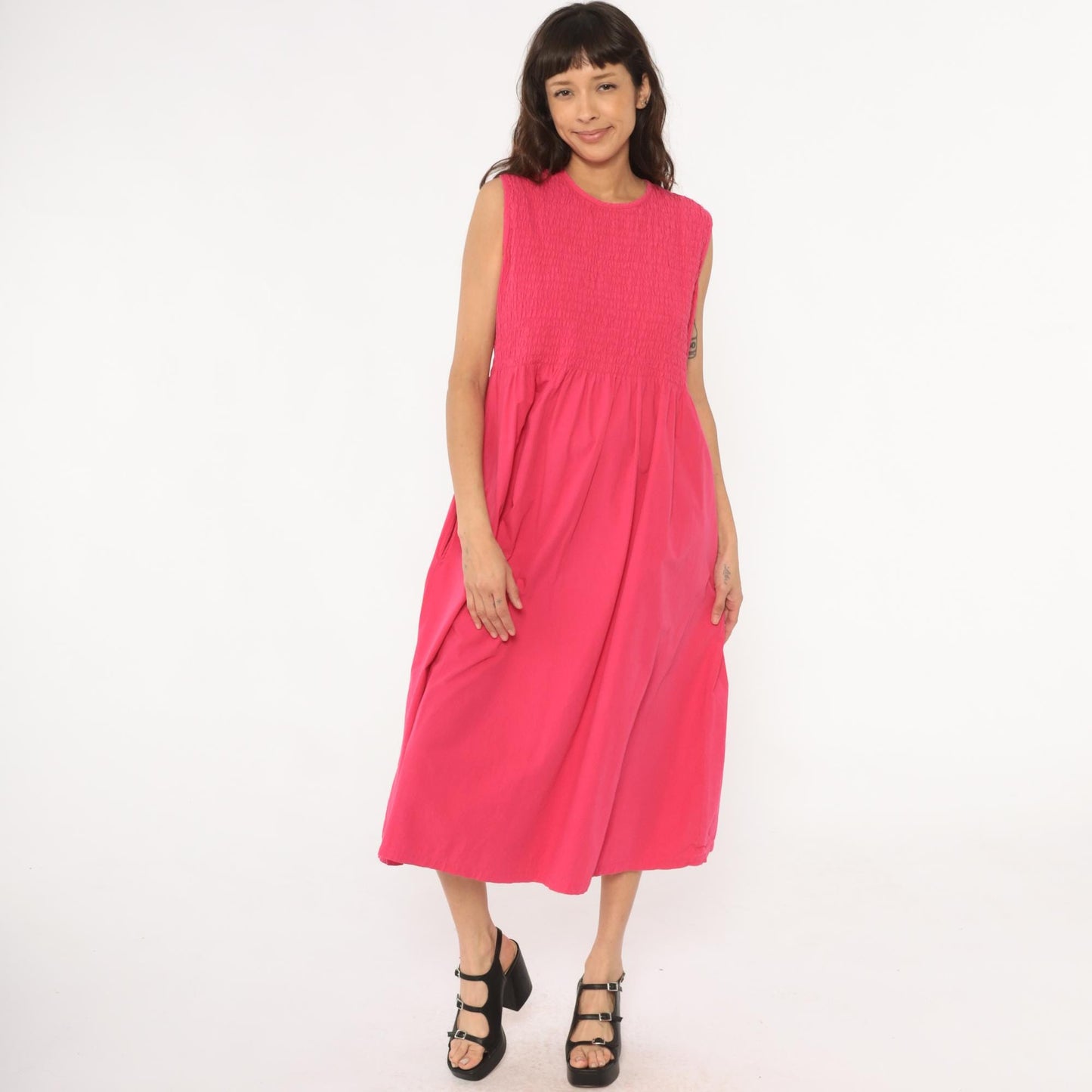 Y2K Coral Pink Maxi Dress Smocked Bodice Cotton Sleeveless Large