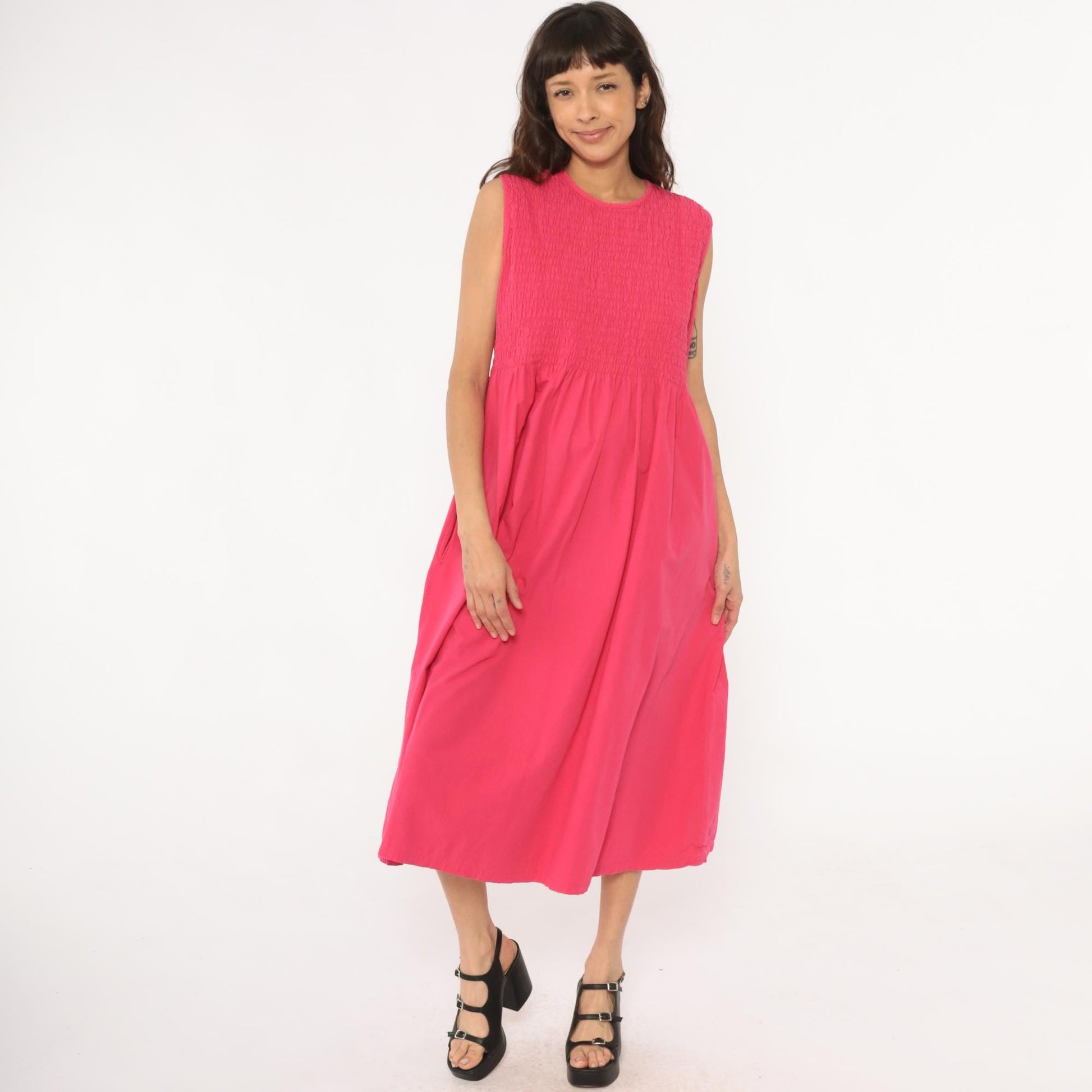 Y2K Coral Pink Maxi Dress Smocked Bodice Cotton Sleeveless Large