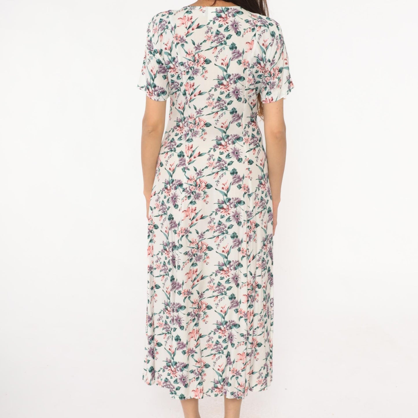 90s Floral Midi Dress Cream Rayon V-Neck Short Sleeve Front Slit Small
