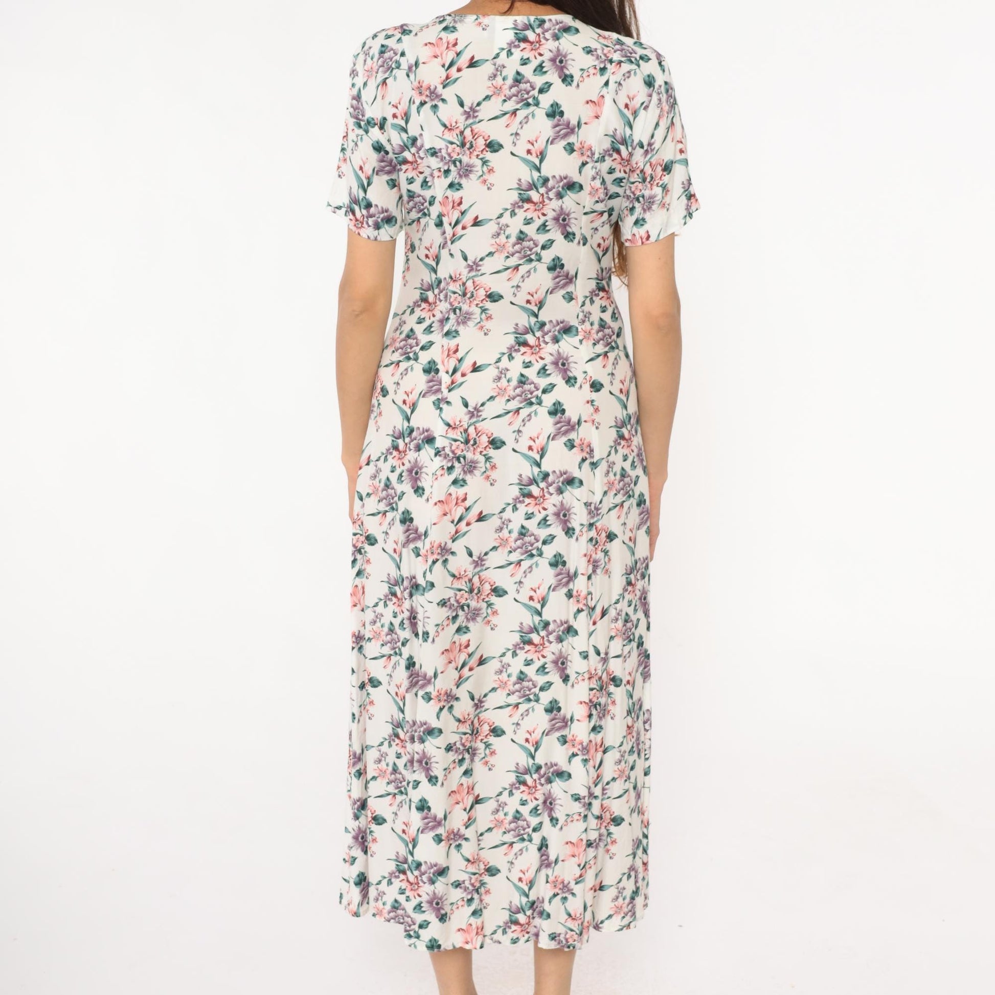 90s Floral Midi Dress Cream Rayon V-Neck Short Sleeve Front Slit Small