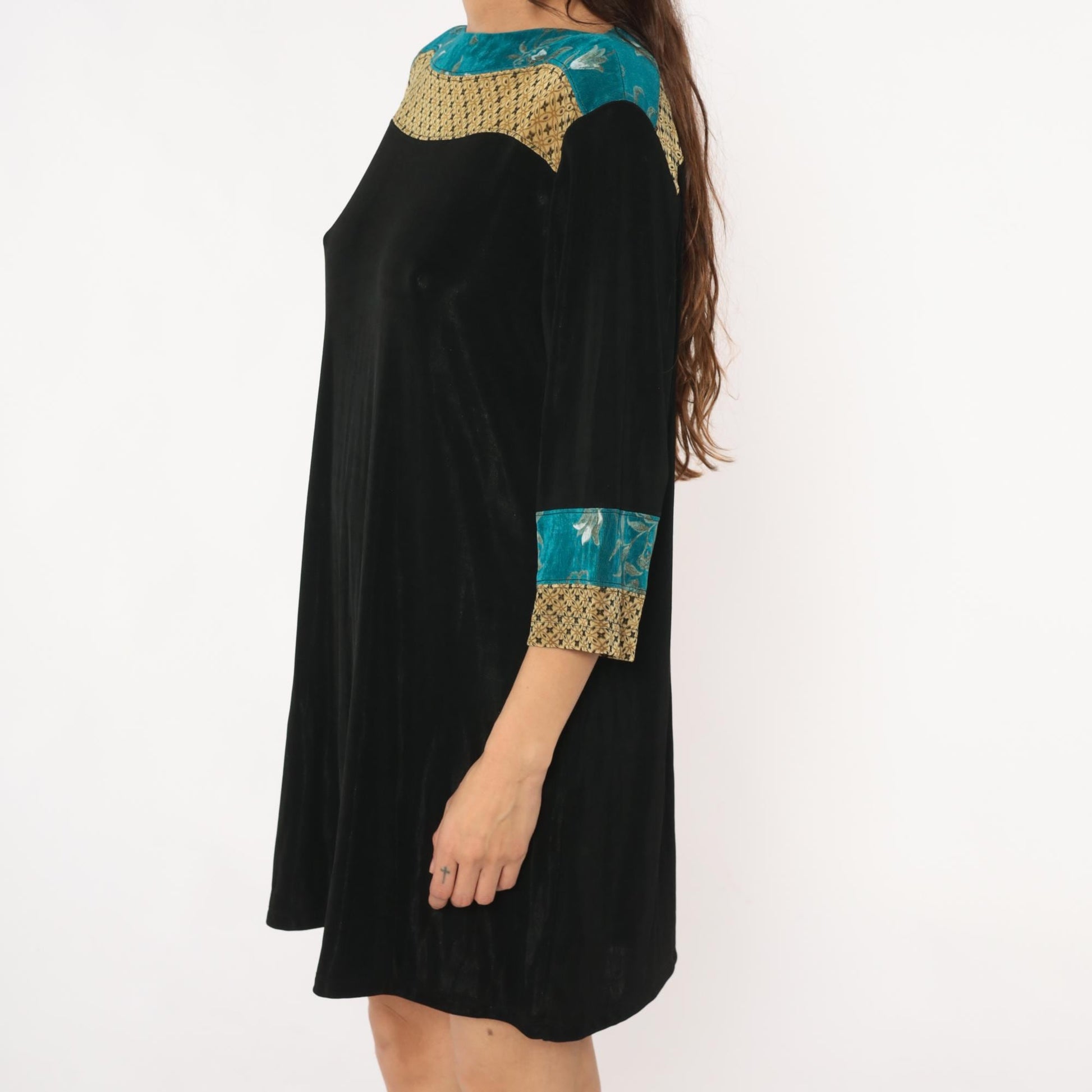 90s Vikki Vi Mini Dress Black Teal Floral Gold Colorblock Large L