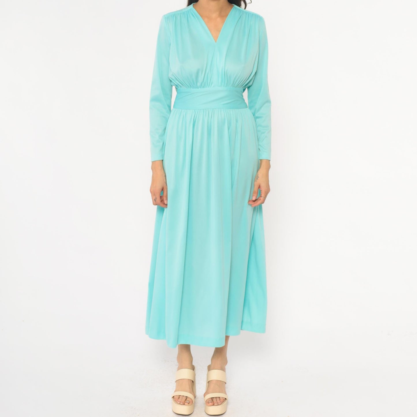 70s Enrico Serrati Aqua Maxi Dress V-Neck Tie Waist Long Sleeve Medium