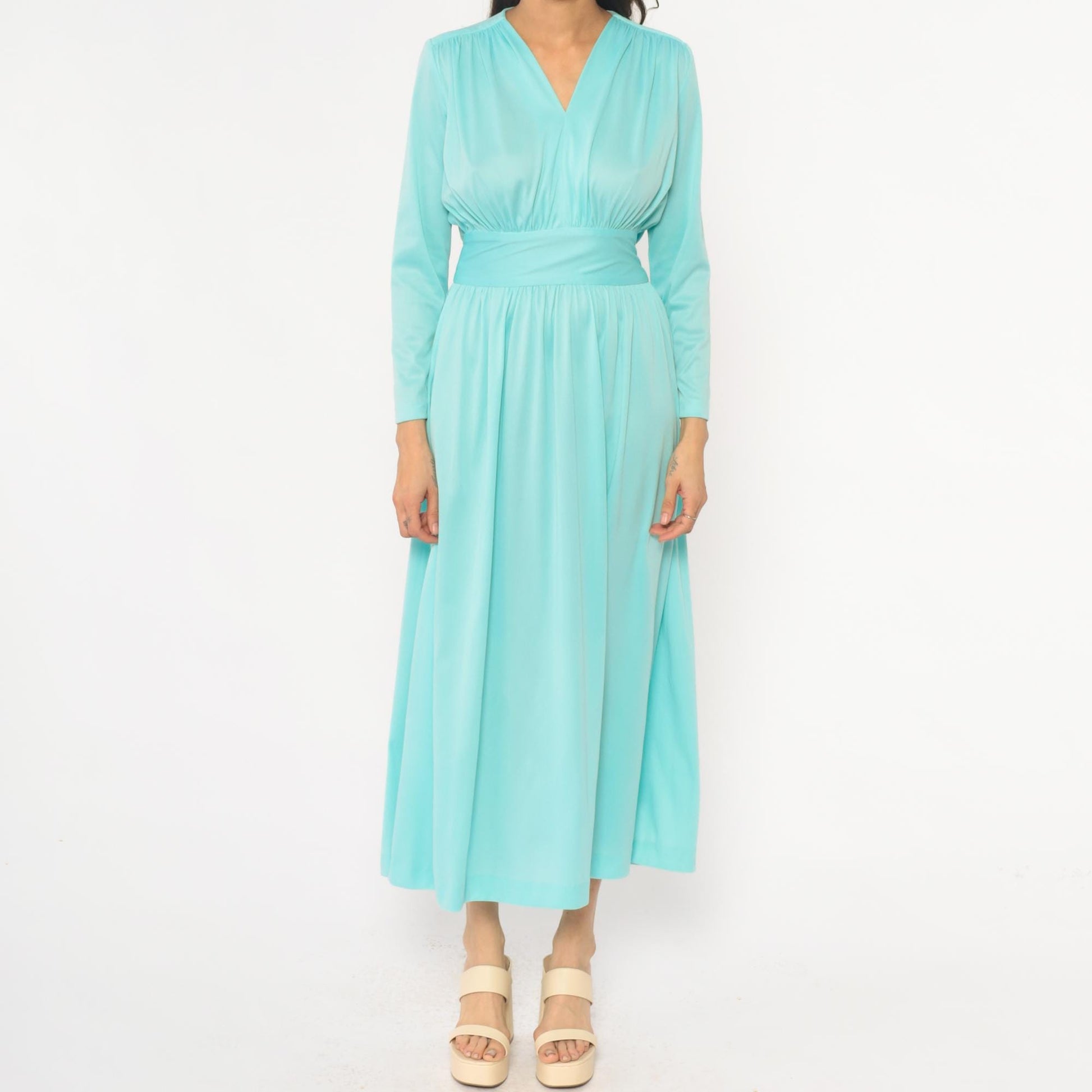 70s Enrico Serrati Aqua Maxi Dress V-Neck Tie Waist Long Sleeve Medium