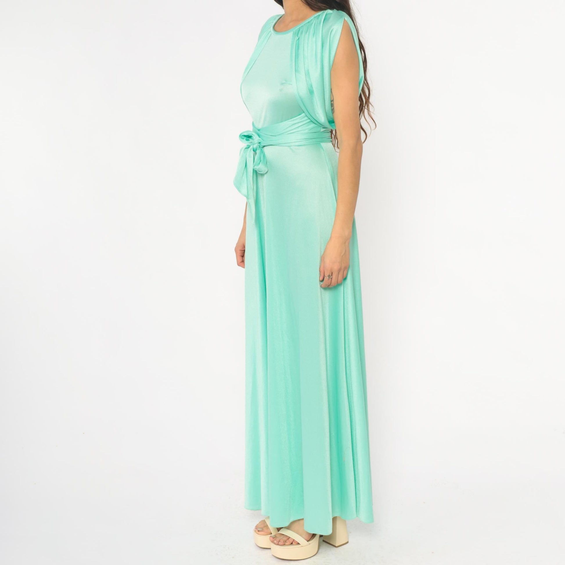 70s Mint Green Maxi Dress Ruched Neckline Tie Belt Sleeveless Small