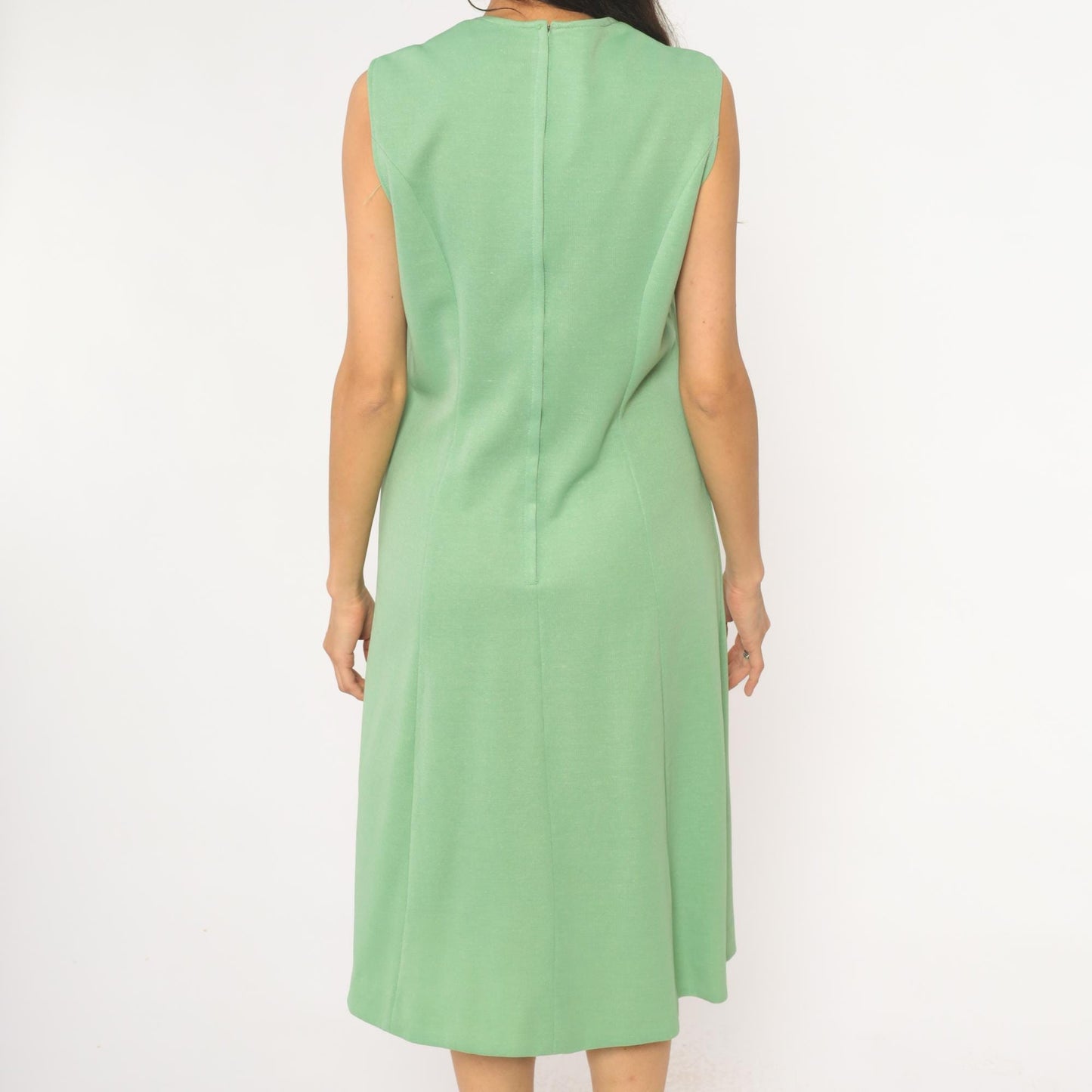70s Mint Green Sleeveless A-Line Dress Scoop Neck Knee Length Large L