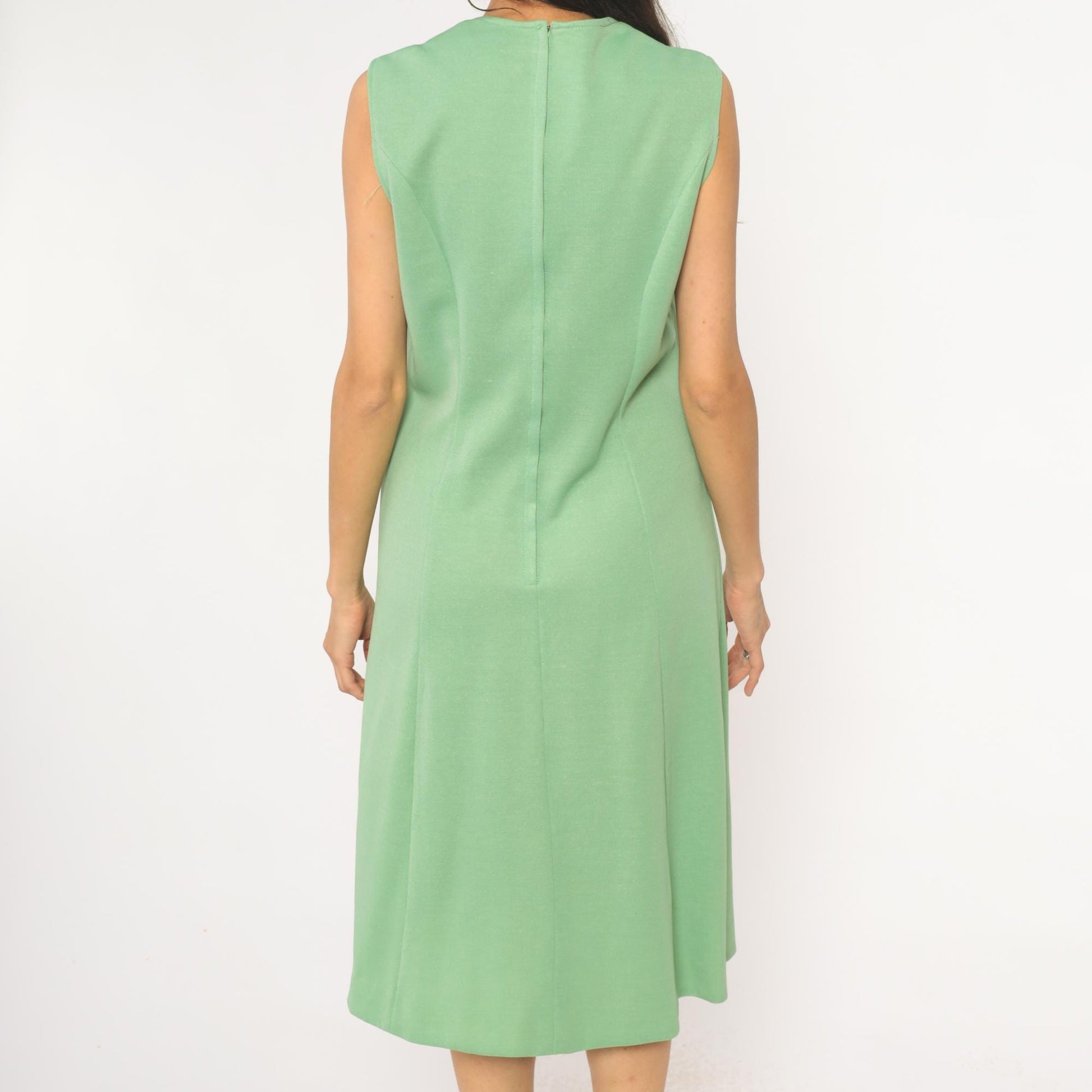 70s Mint Green Sleeveless A-Line Dress Scoop Neck Knee Length Large L