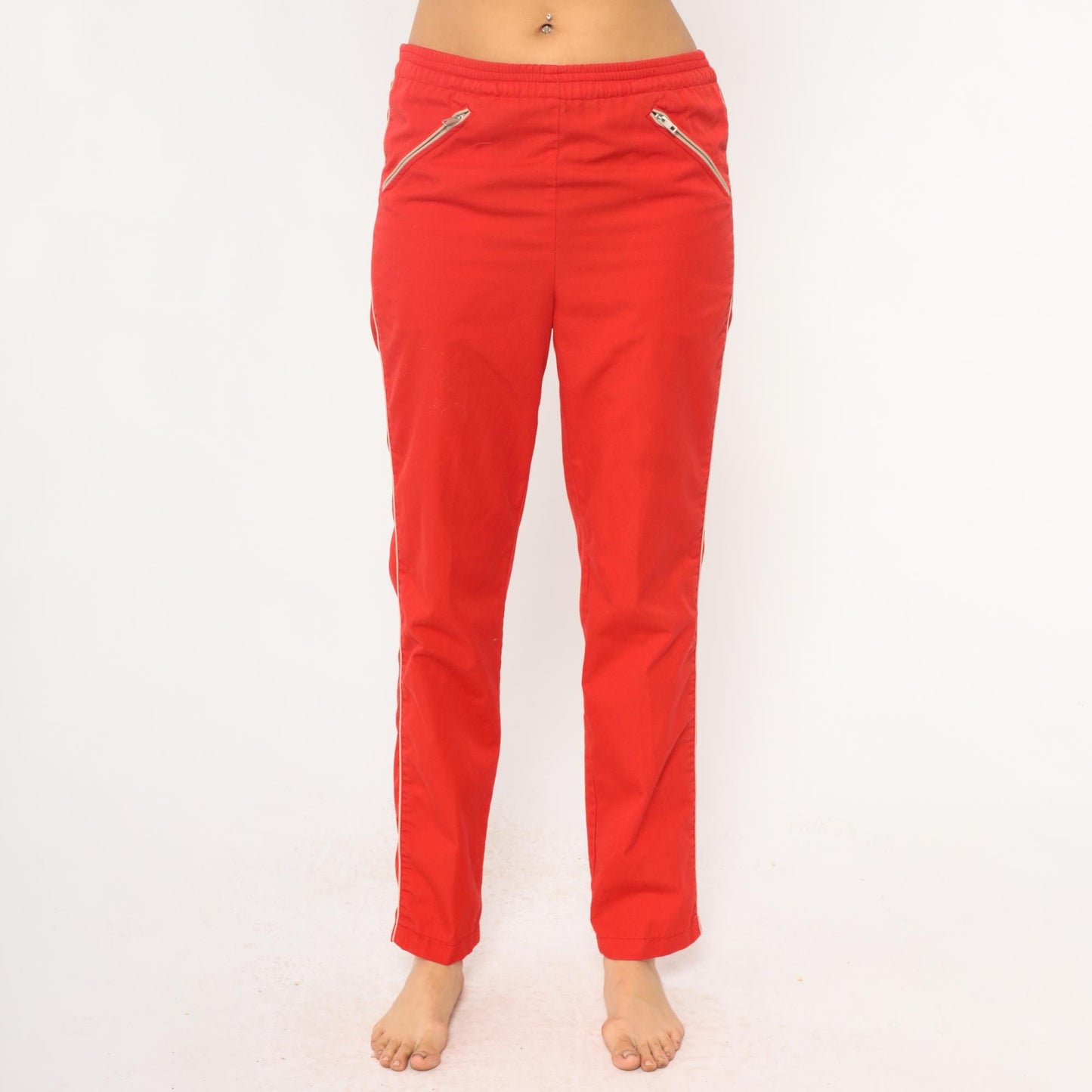 80s C'est Joli Track Pants Coral Red White Stripe Zipper Pockets Small