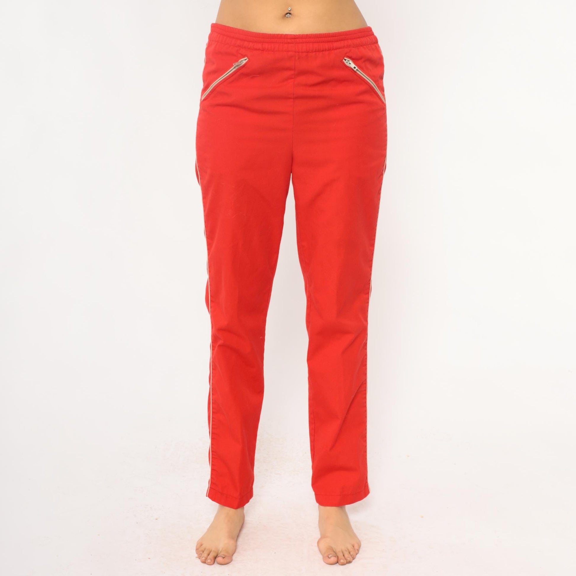 80s C'est Joli Track Pants Coral Red White Stripe Zipper Pockets Small