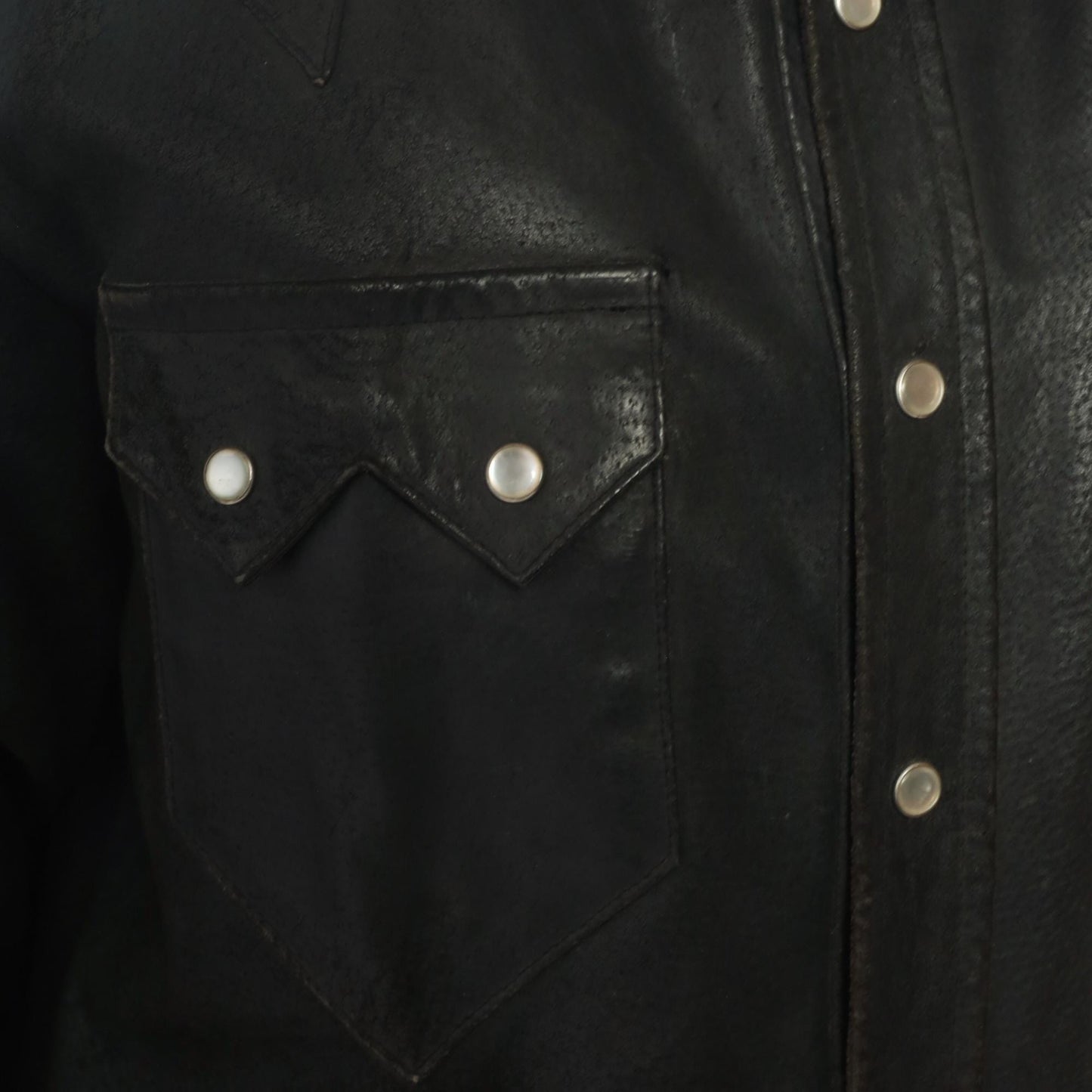 90s Neyries Black Leather Western Shirt Pearl Snap Pointed Yoke Large L