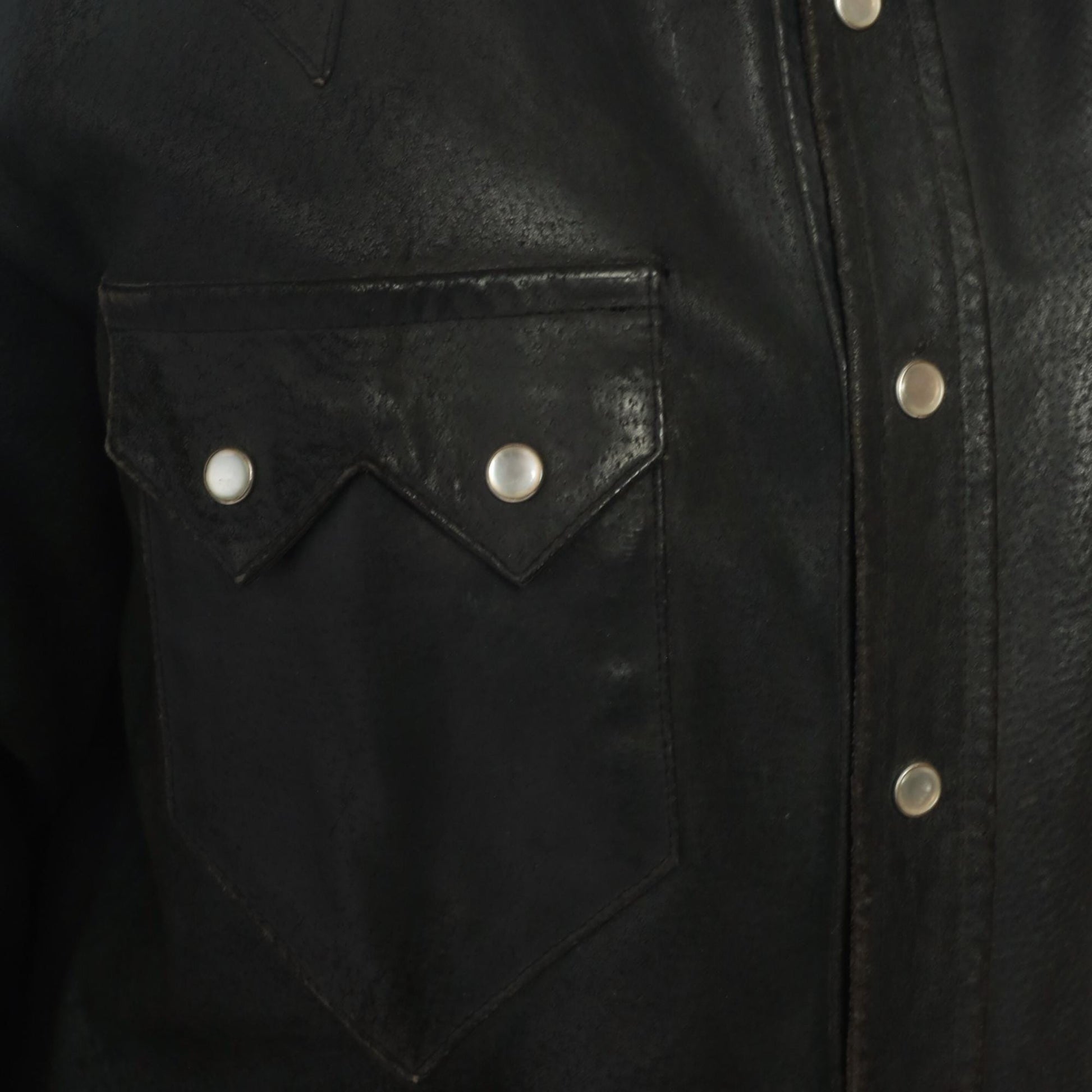 90s Neyries Black Leather Western Shirt Pearl Snap Pointed Yoke Large L