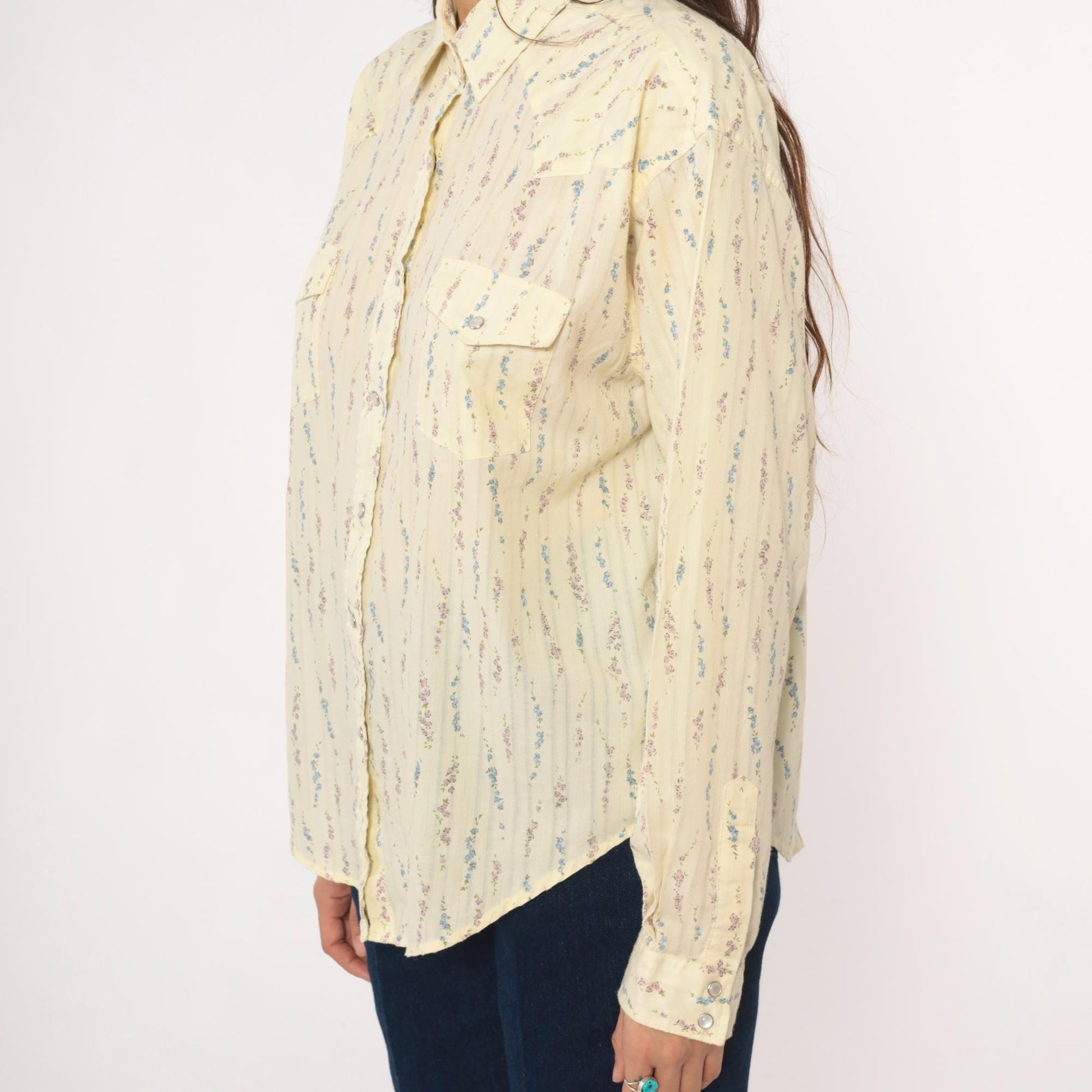 Y2K White Horse Western Shirt Pearl Snap Floral Stripe Cream Large L