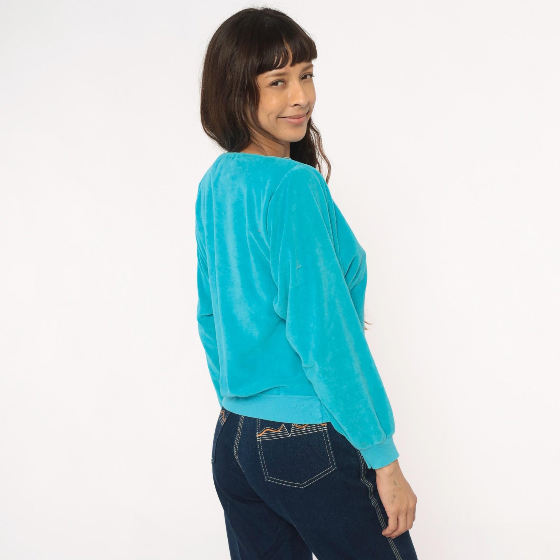 80s Terrycloth Sweatshirt Teal Asymmetrical Neck Striped Collar Pullover Small