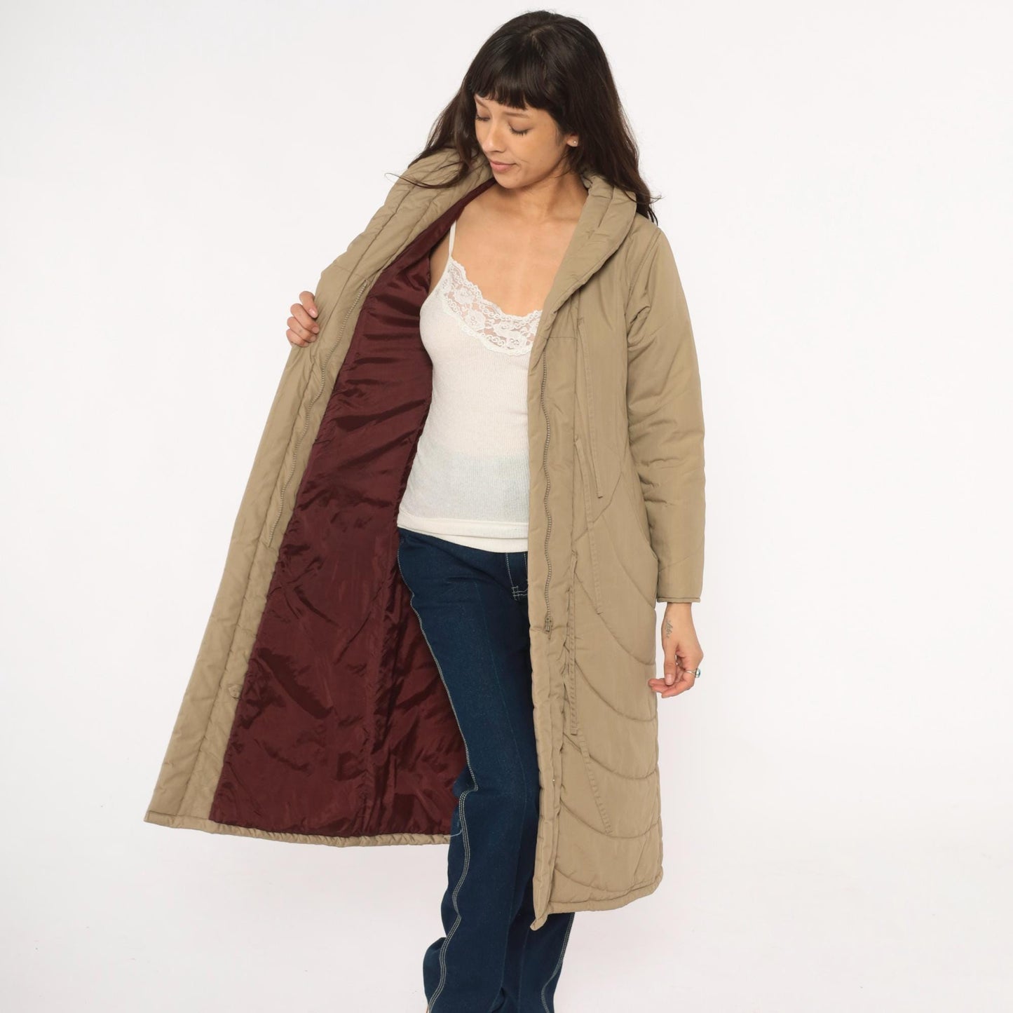 80s Tan Quilted Parka Jacket Chevron Shawl Collar Tie Front Duster Extra Small XS