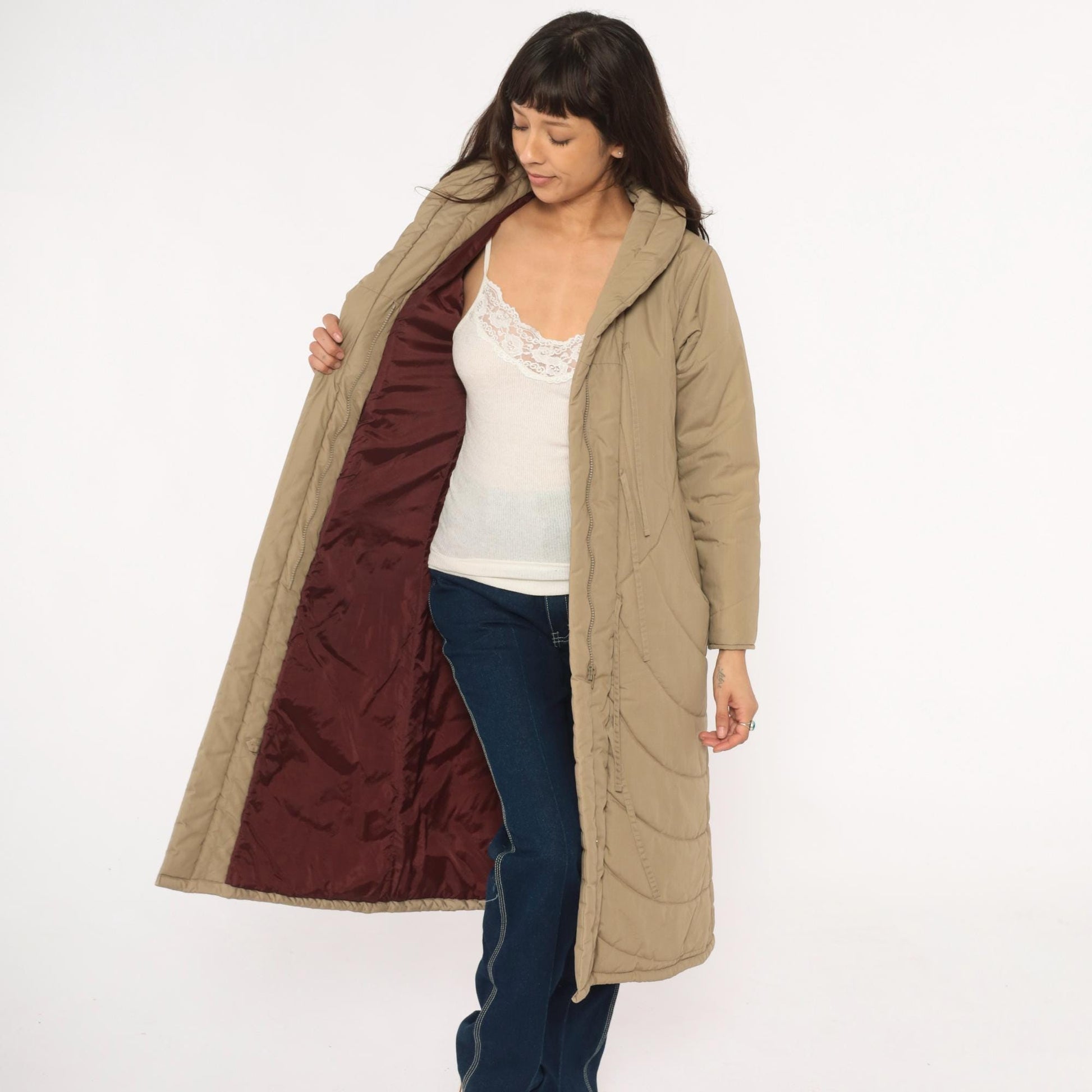 80s Tan Quilted Parka Jacket Chevron Shawl Collar Tie Front Duster Extra Small XS
