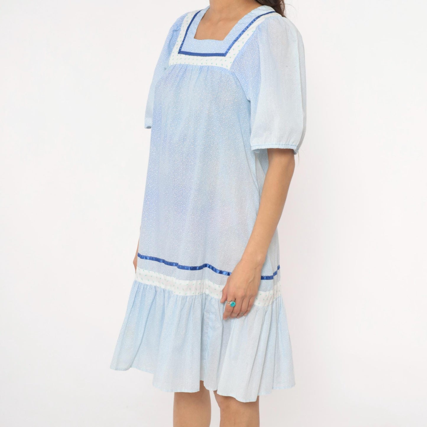 80s Light Blue Hawaiian Dress Cotton Puff Sleeve Square Neck Empire Waist Extra Small