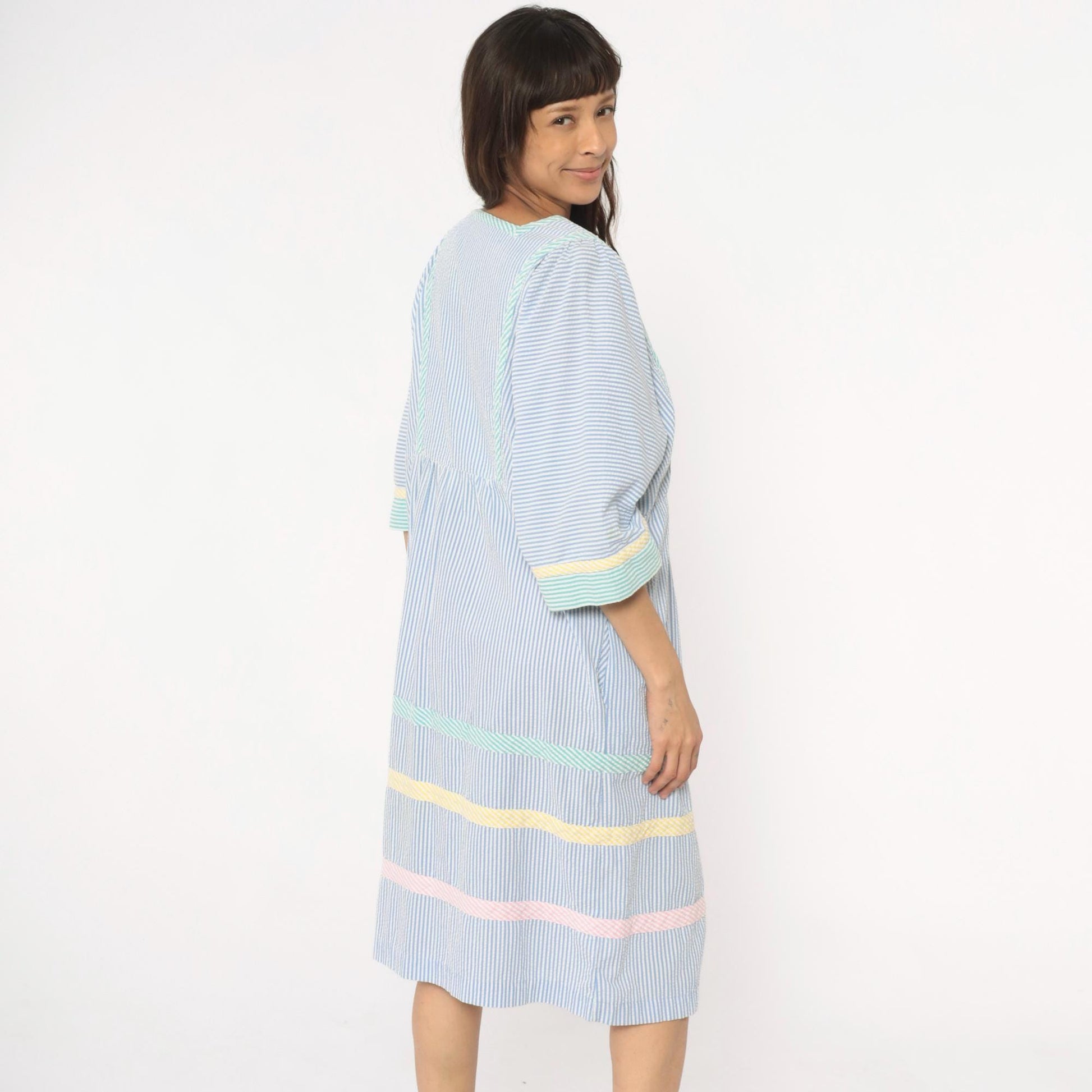 80s Saybury Seersucker Striped Dress Blue White Rickrack Trim Large