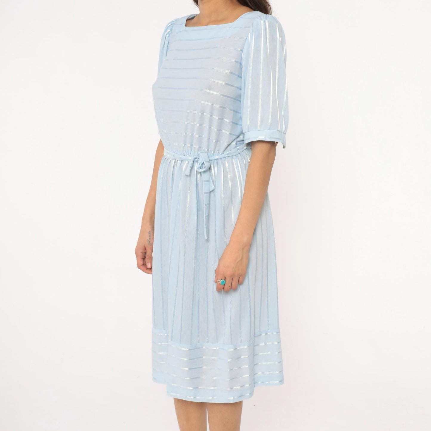 80s Baby Blue Striped Midi Dress Puff Sleeve Boat Neck Cotton Medium
