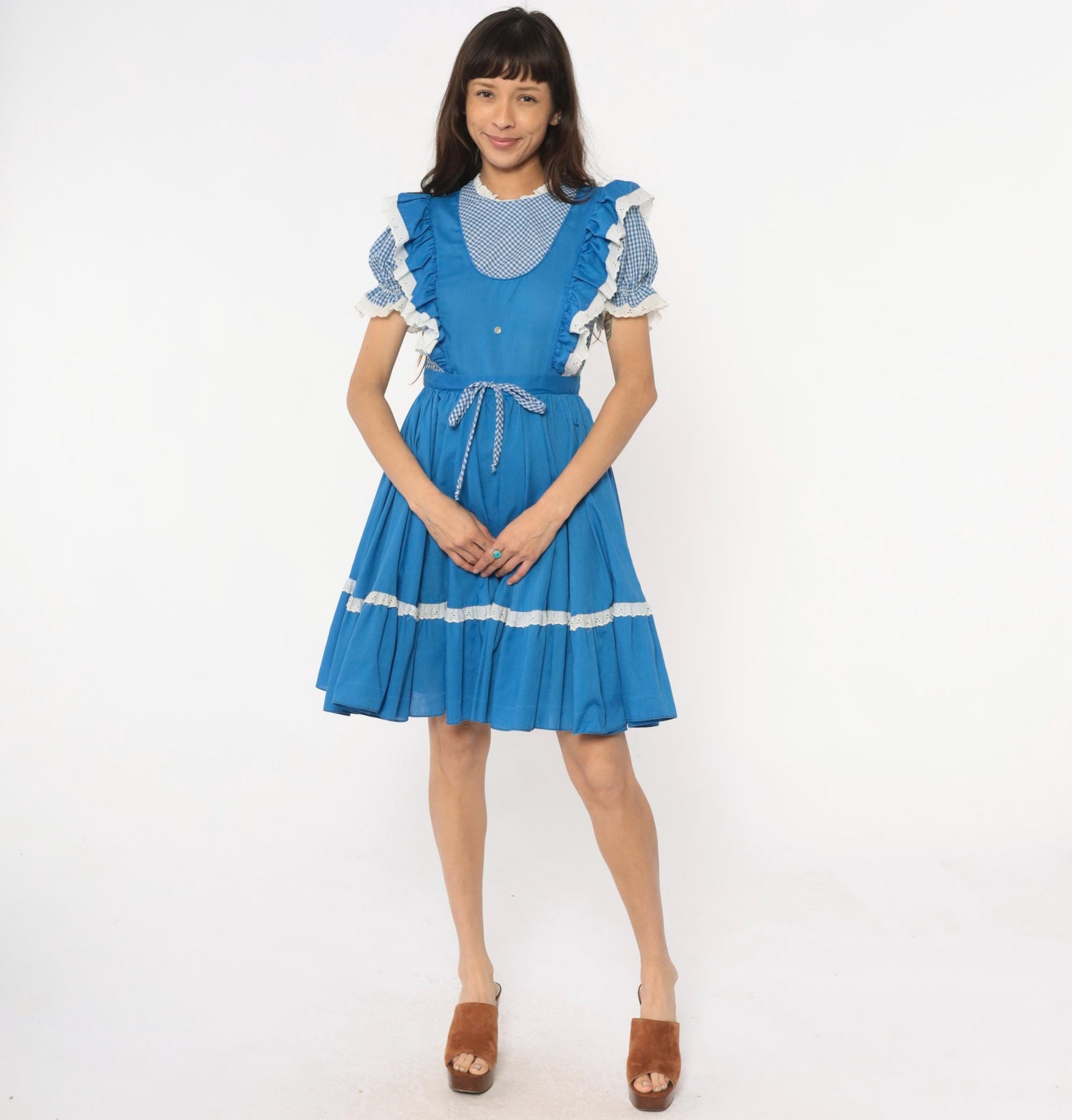 80s Jeri Bee Blue Gingham Pinafore Dress Eyelet Lace Puff Sleeve Small Medium