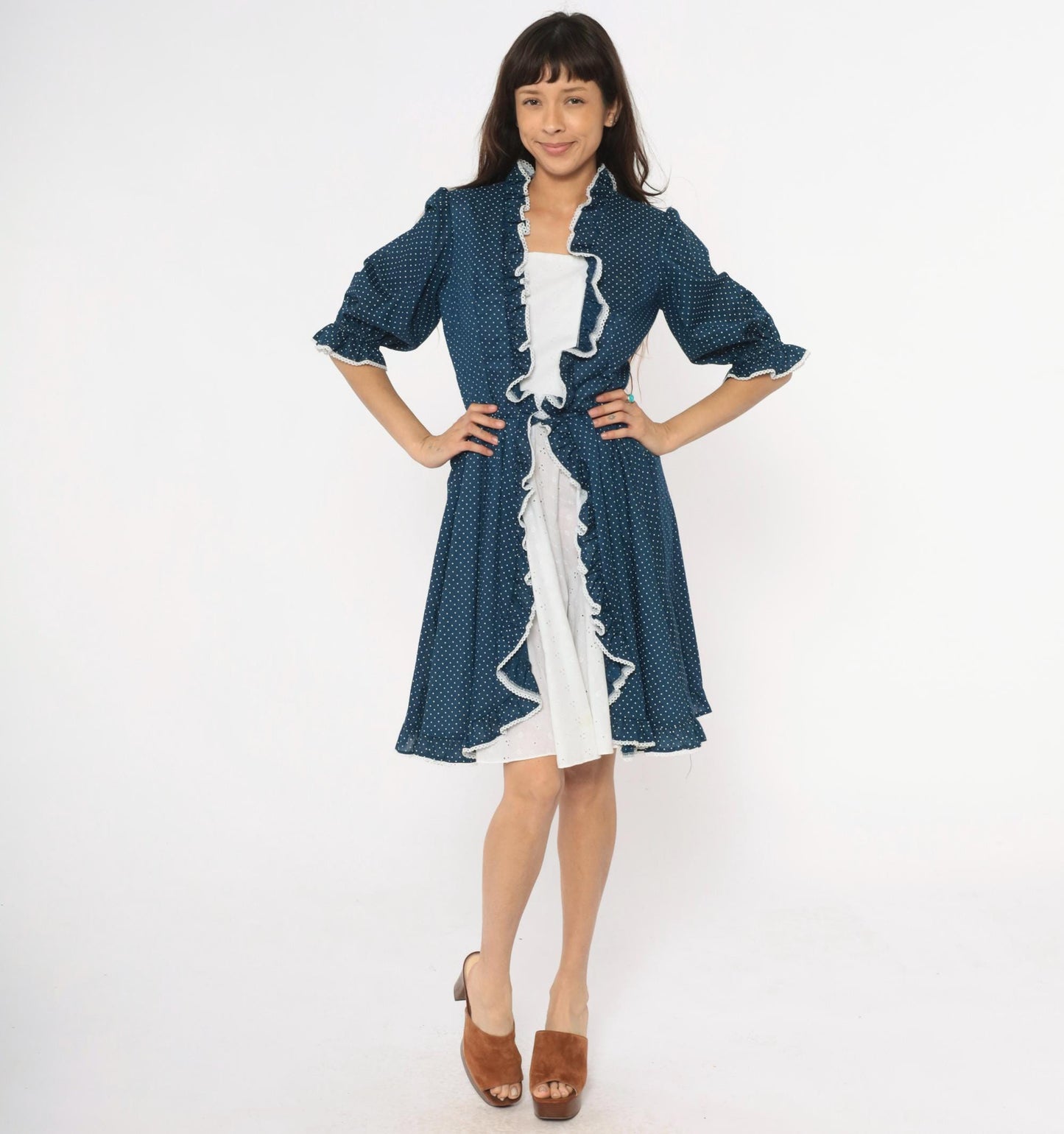80s Navy Polka Dot Square Dance Dress White Eyelet Ruffle Cotton Small