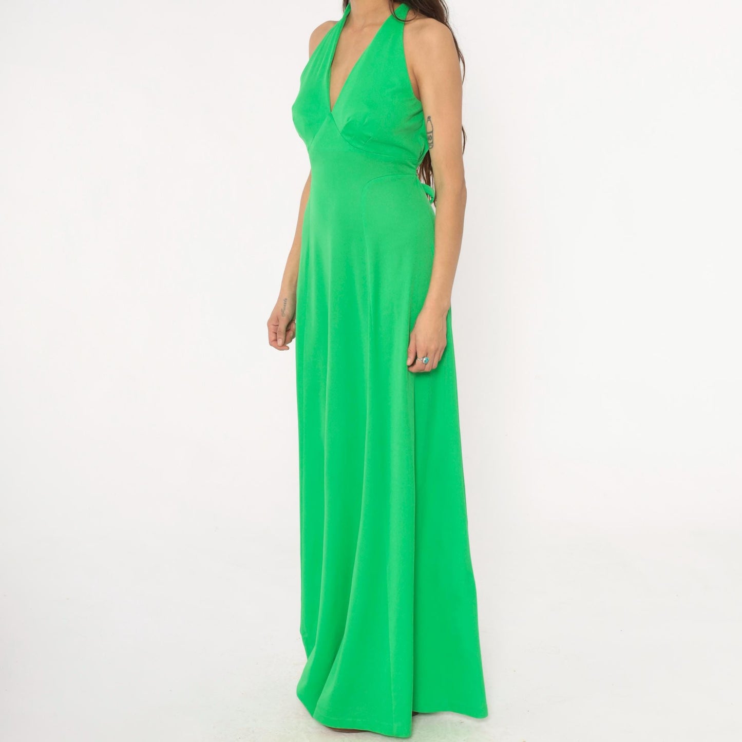 70s Green Halter Maxi Dress Deep V Neck Tie Waist Empire A-Line Medium