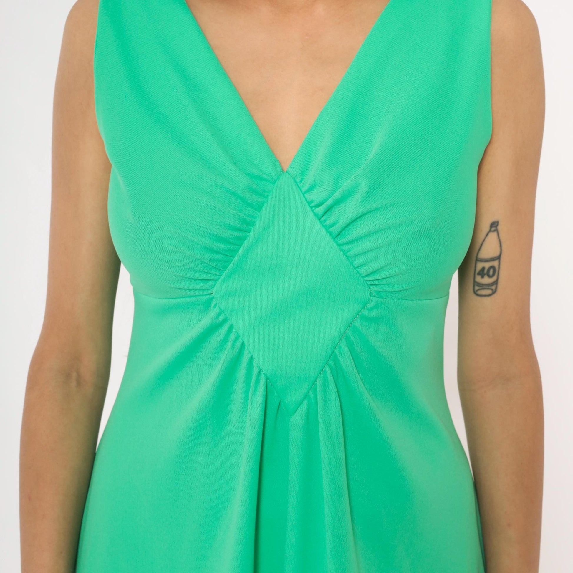 70s Mint Green Mini Dress V-Neck Ruched Bodice Sleeveless A-Line Medium M