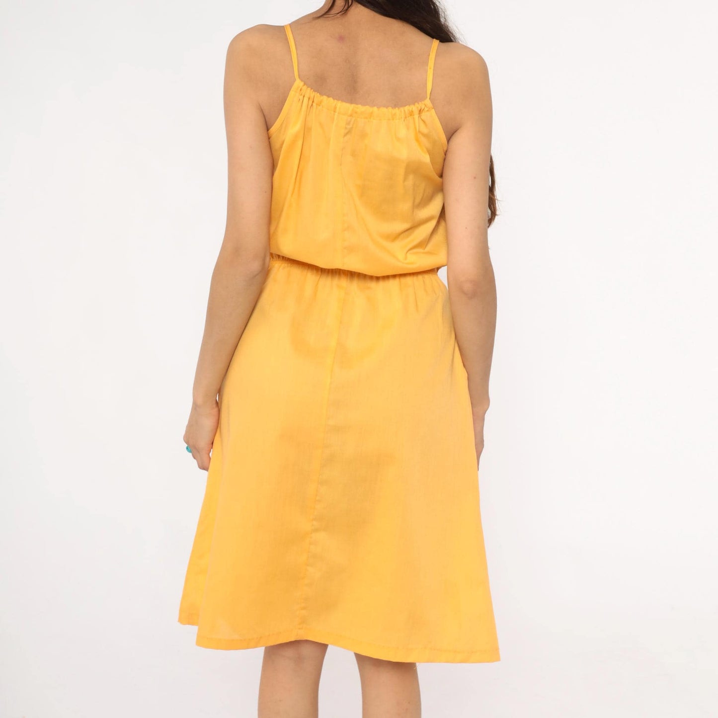 70s Yellow Spaghetti Strap Sundress Tie Neck Knee-Length Small Medium